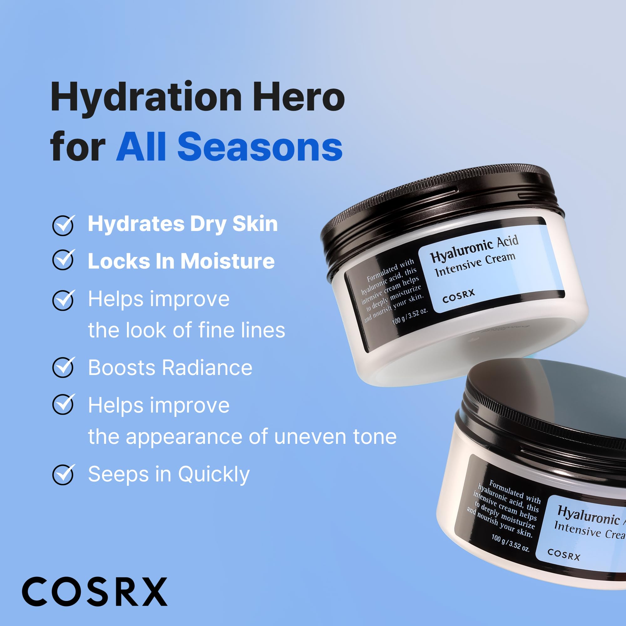 COSRX Hyaluronic Acid Intensive Cream face moisturizer in a 3.52 oz jar, featuring hydrating and nourishing skincare benefits.