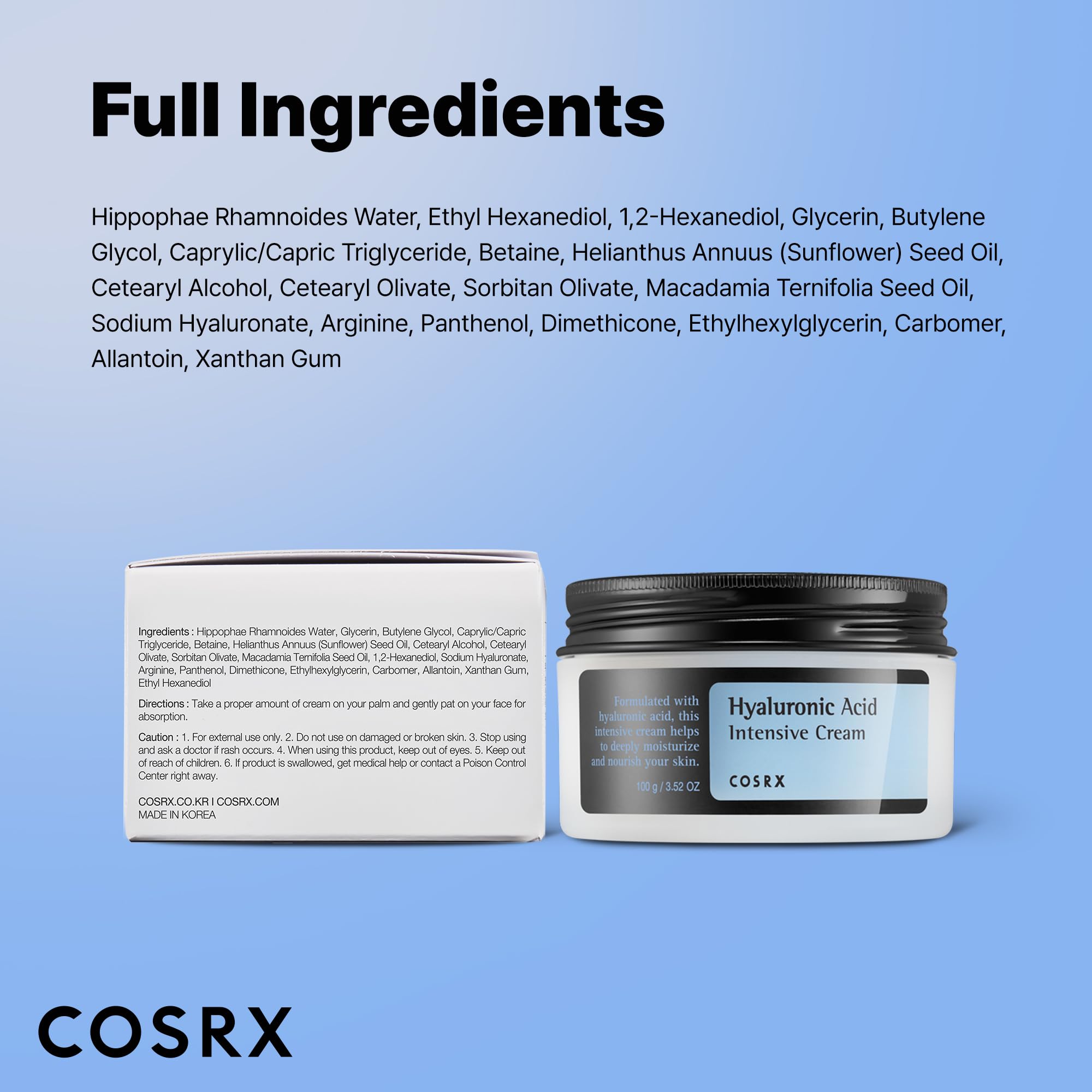 COSRX Hyaluronic Acid Intensive Cream face moisturizer in 3.52 oz jar, hydrating skincare with nourishing, lightweight formula