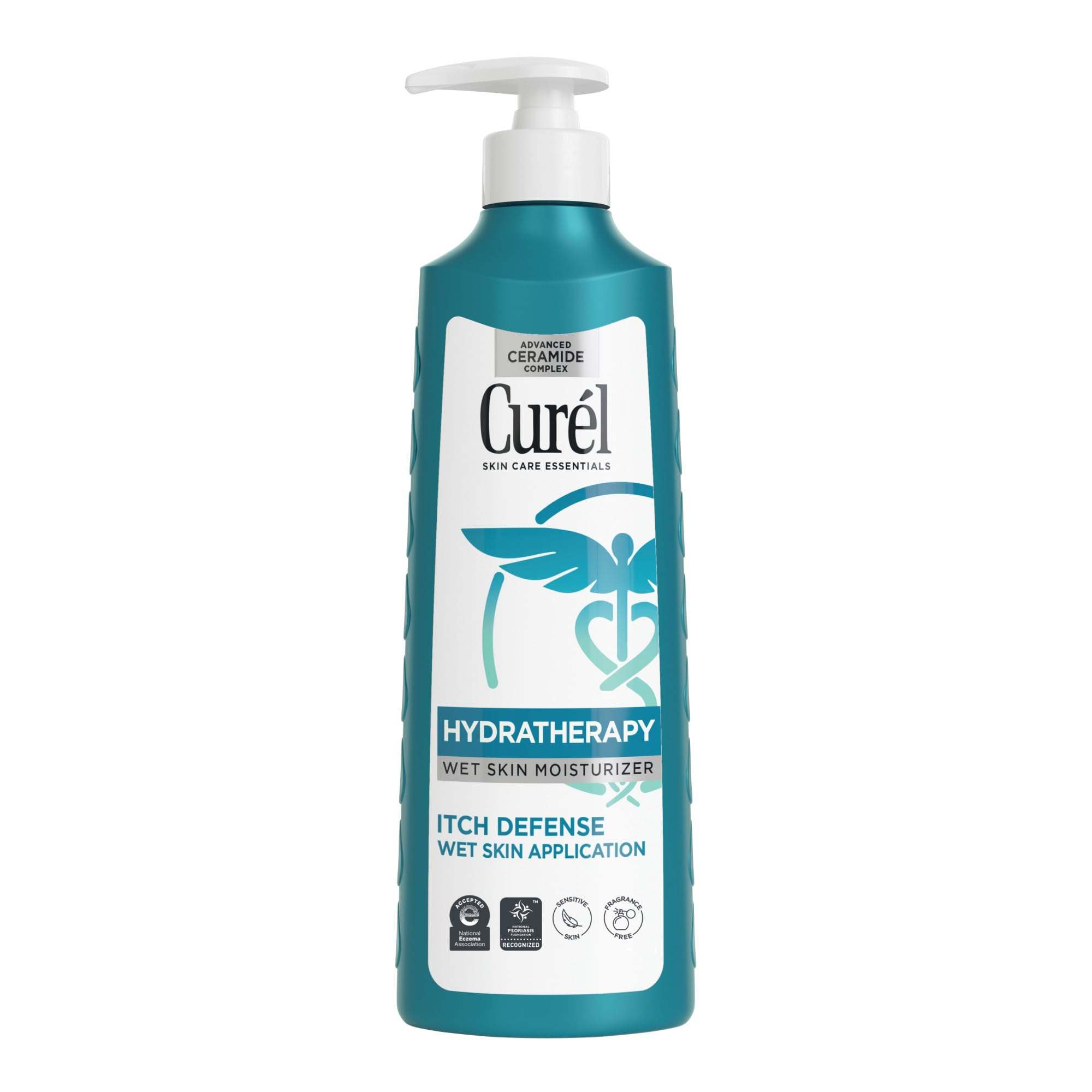 Curel Hydra Therapy Itch Defense Wet Skin Lotion 12 oz bottle, moisturizing skin with soothing formula for dry, itchy skin.