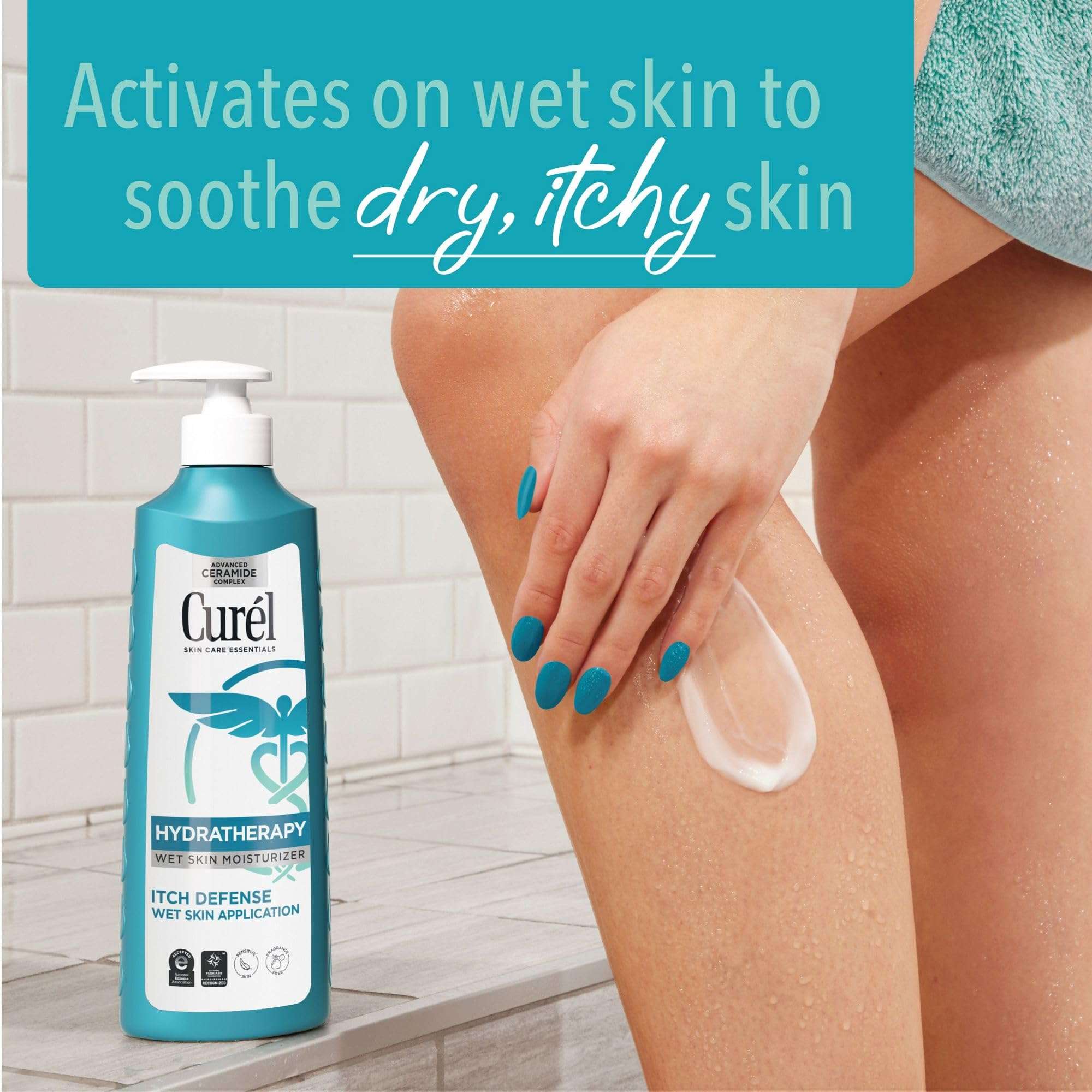 Curel Hydra Therapy Itch Defense Wet Skin Lotion 12 oz bottle, moisturizing and soothing skin for dry or itchy skin.