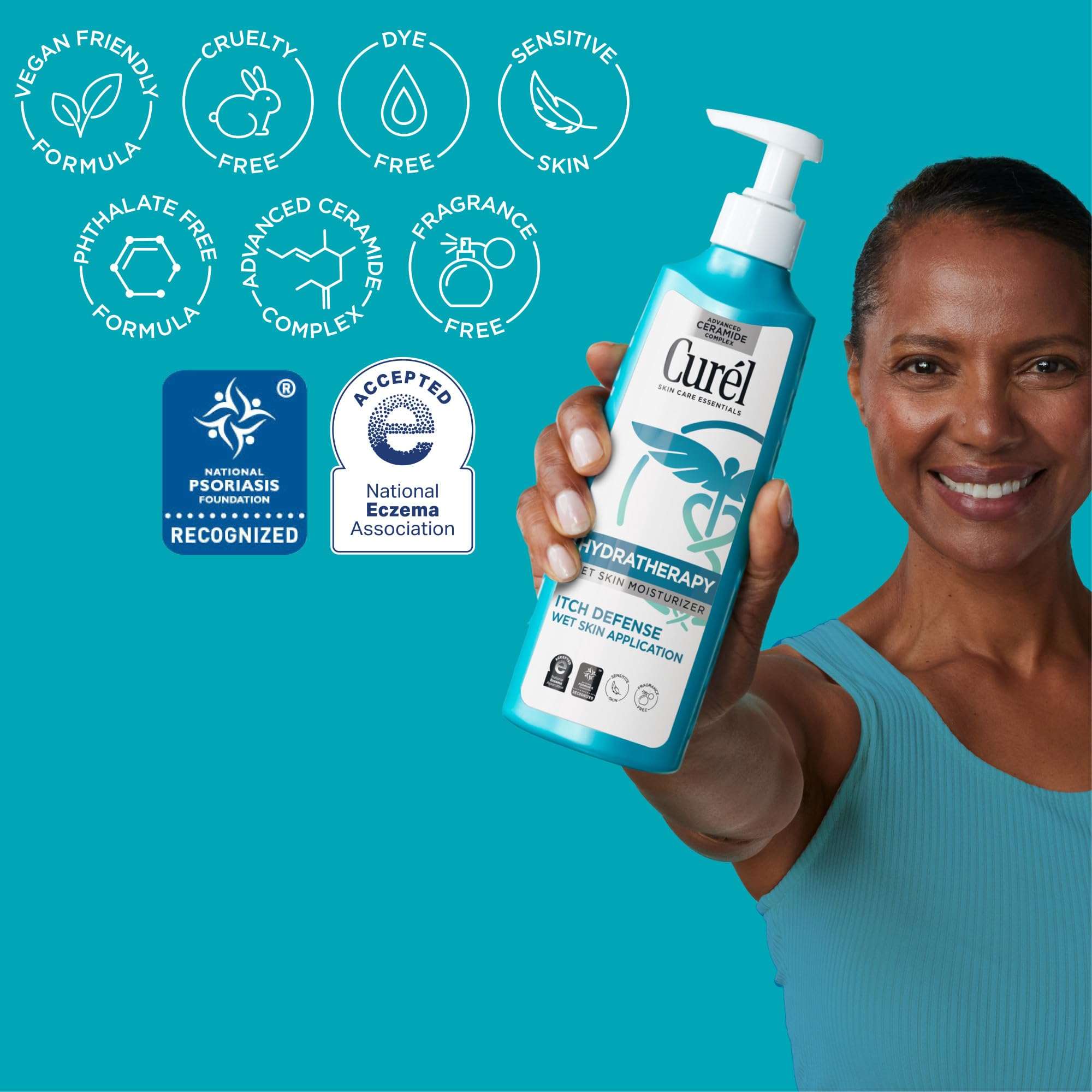 Curel Hydra Therapy Itch Defense Wet Skin Lotion 12 oz bottle, moisturizing skin with soothing ingredients for dry, itchy skin.