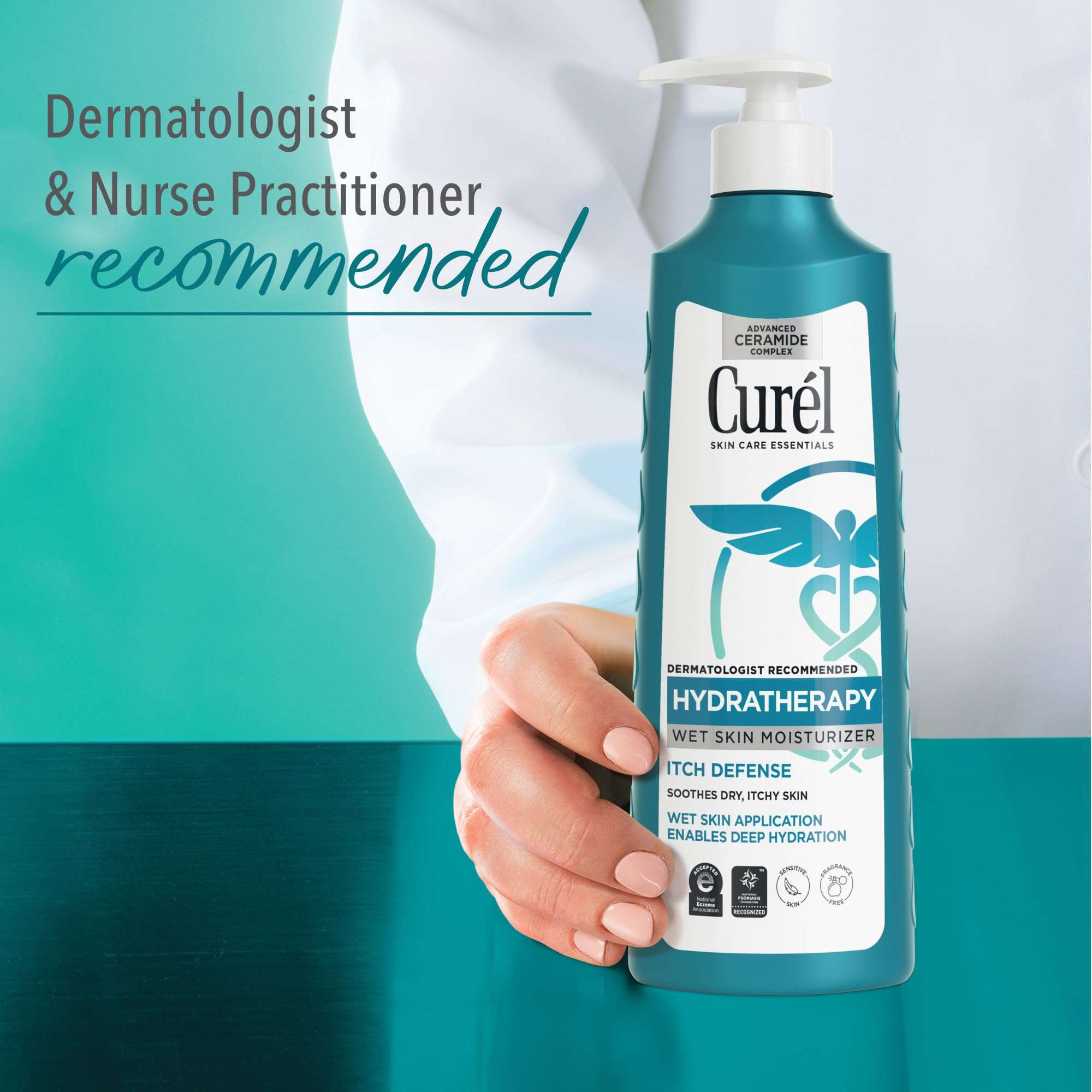 Curel Hydra Therapy Itch Defense Wet Skin Lotion in a 12 oz bottle, moisturizing skin and relieving itch with gentle formula.
