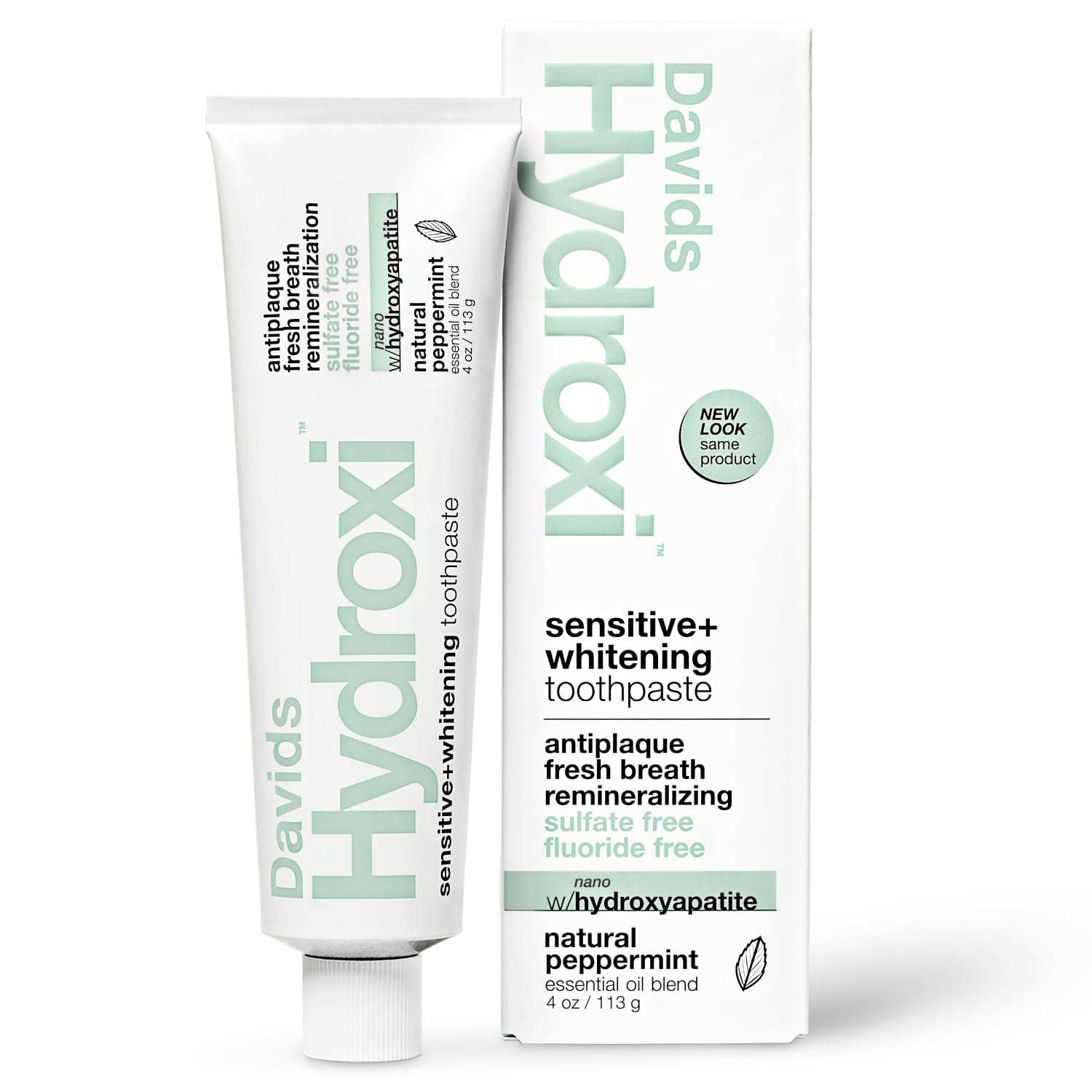 Davids Hydroxi n-HA fluoride-free toothpaste in 4oz tube, natural tooth cleaning agent for oral health and fresh breath.