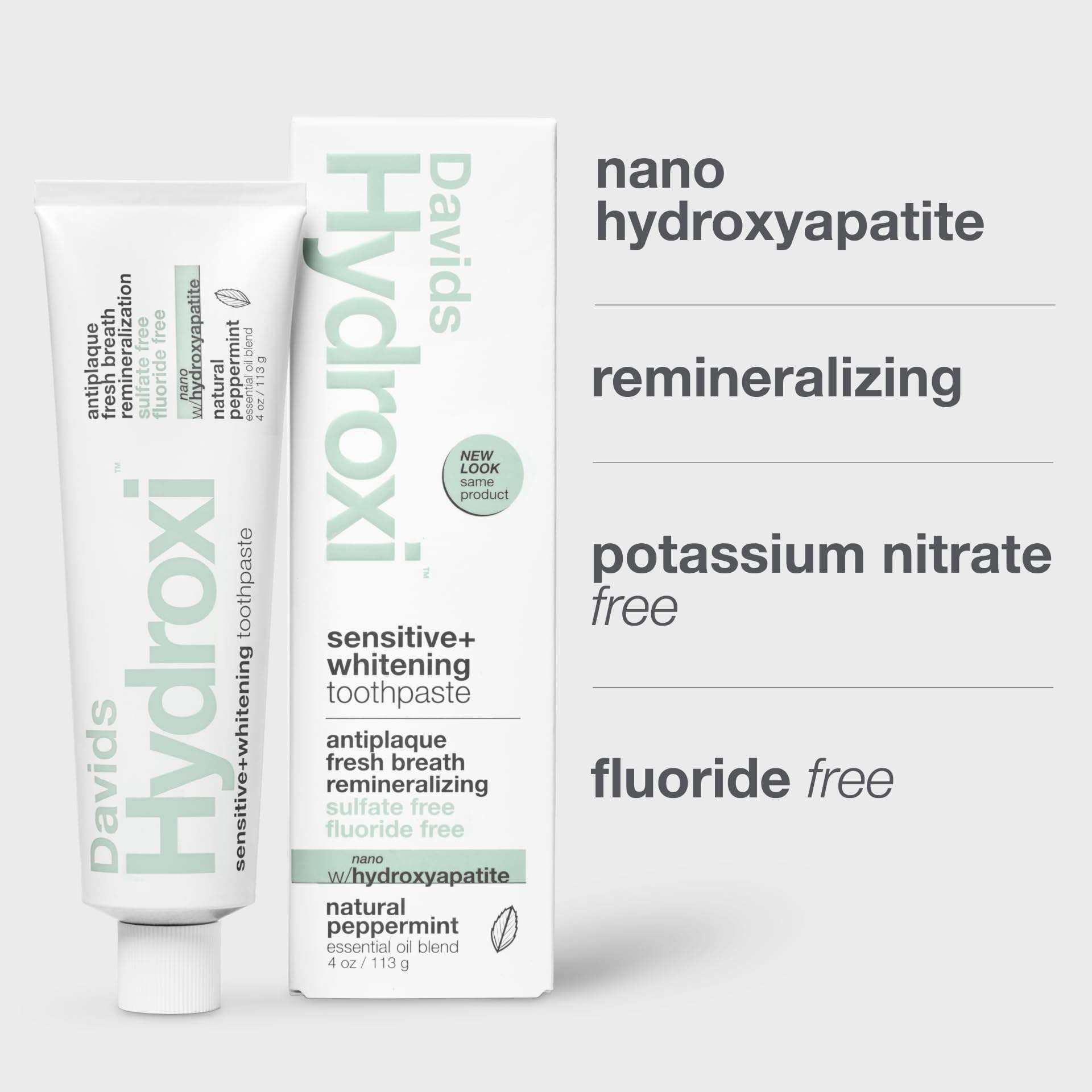 Davids Hydroxi n-HA fluoride-free toothpaste in 4oz tube, natural tooth cleaning agent for oral health.