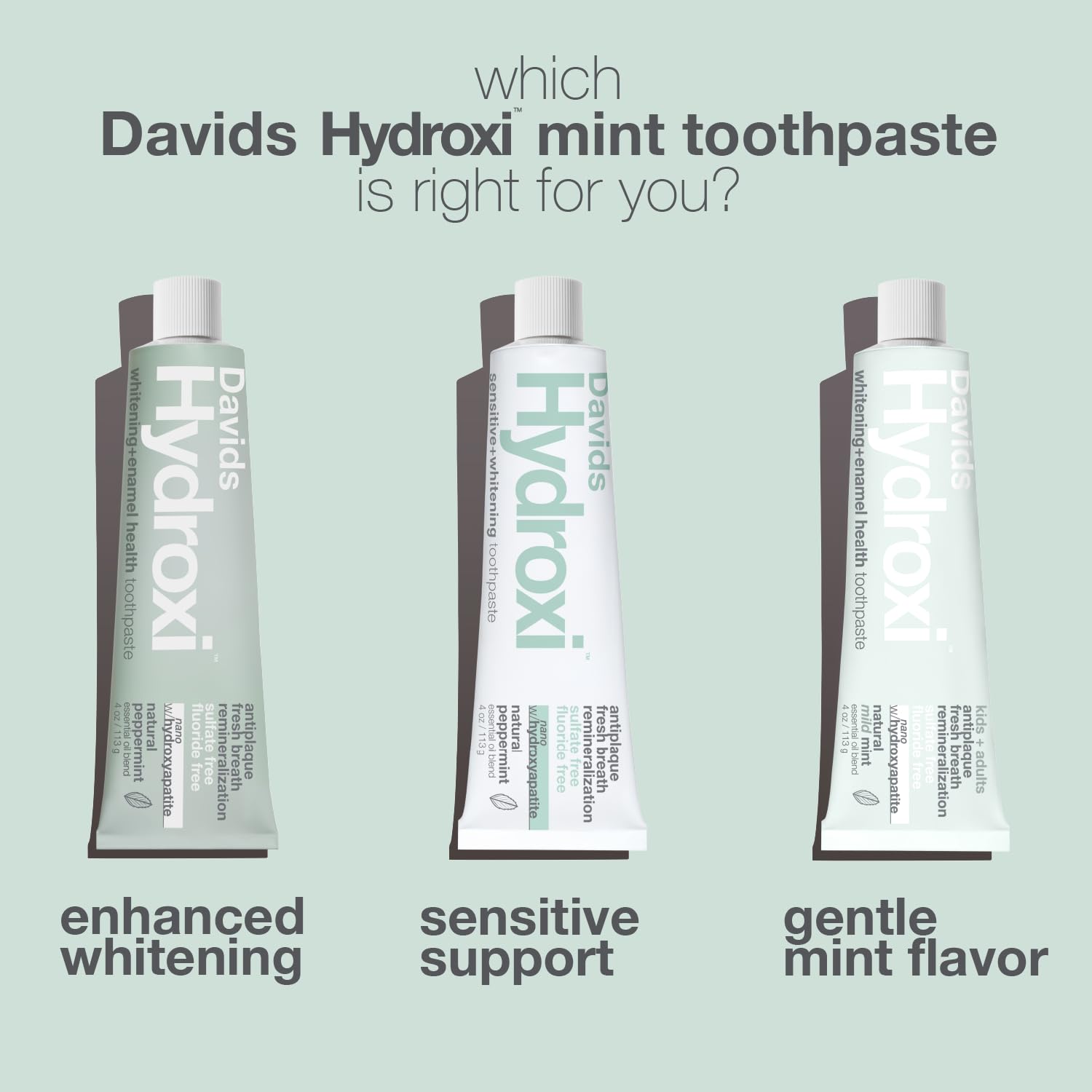 Davids Hydroxi n-HA fluoride-free toothpaste in 4oz tube, natural tooth cleaning agent for oral health.