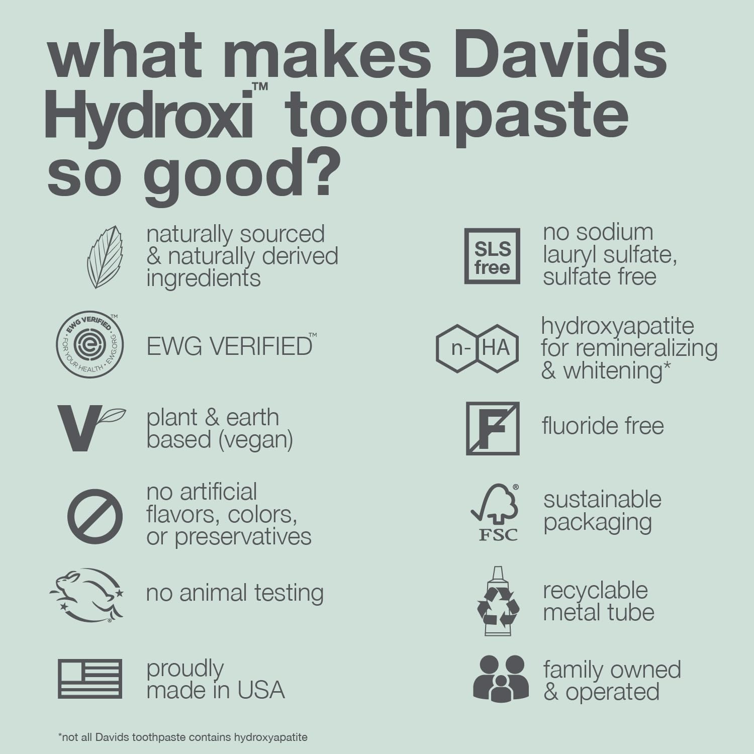 Davids Hydroxi n-HA fluoride-free toothpaste in a 4oz tube, natural tooth cleaning agent for oral health.