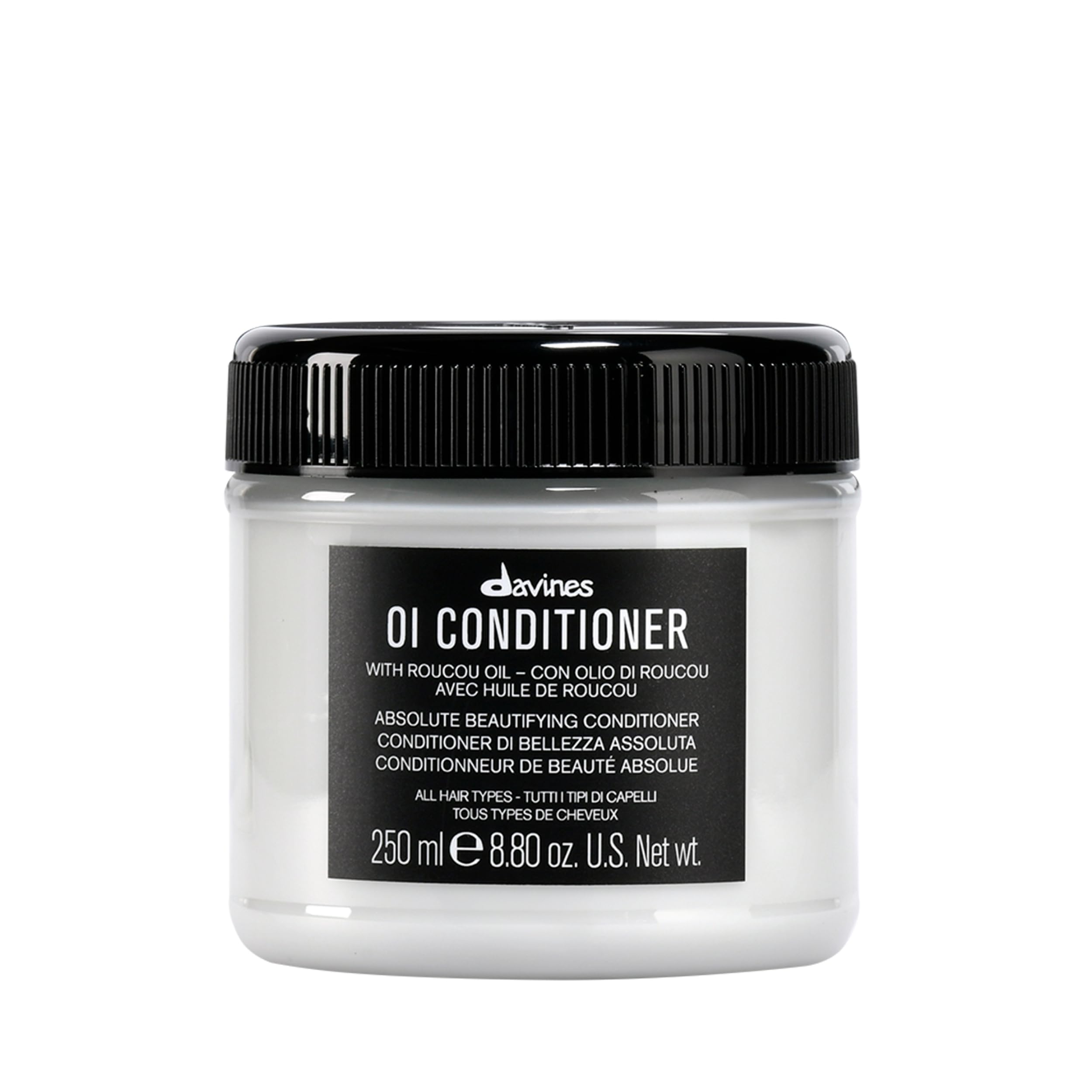Davines OI Conditioner with Roucou Oil in 8.45oz bottle, suitable for all hair types, shown in a sleek conditioner bottle.