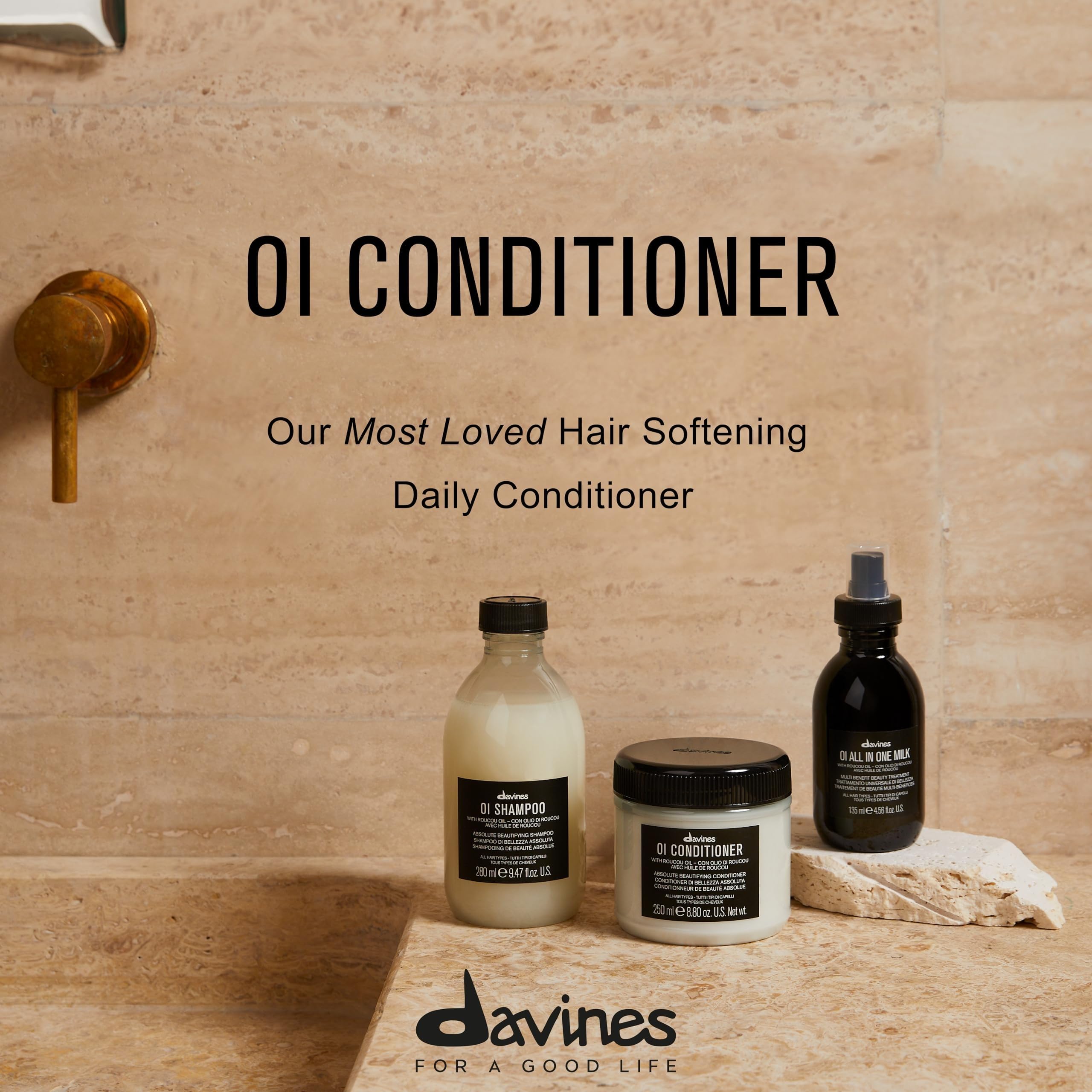 Davines OI Conditioner with Roucou Oil in 8.45oz bottle, suitable for all hair types, showing the conditioner tube and packaging.