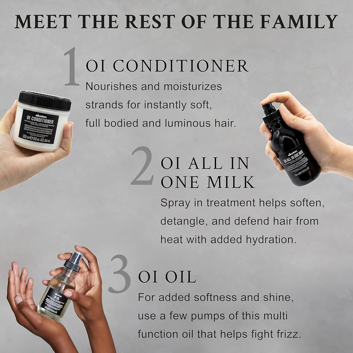 Davines OI Conditioner with Roucou Oil for all hair types, 8.45oz, in a sleek bottle with a pump for nourishing hair care.