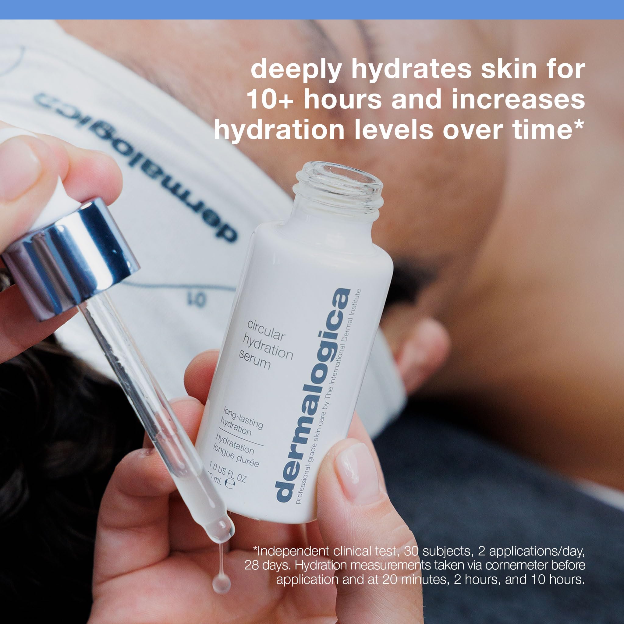 Dermalogica Circular Hydration Serum with hyaluronic acid, shown in a sleek bottle, designed for facial hydration and skin plumping.