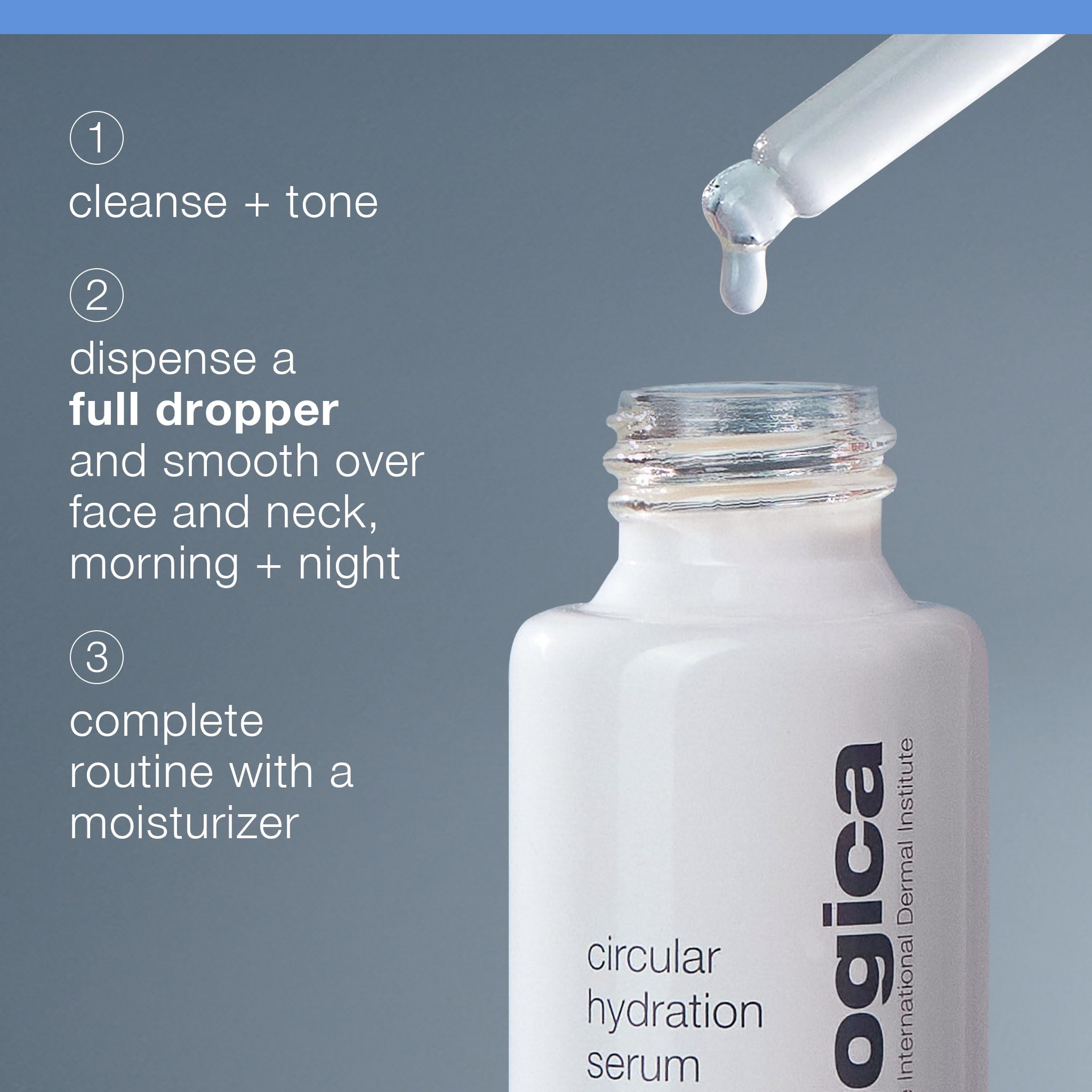 Dermalogica Circular Hydration Serum with hyaluronic acid in a clear glass bottle, showcasing the face serum essential for skin hydration.