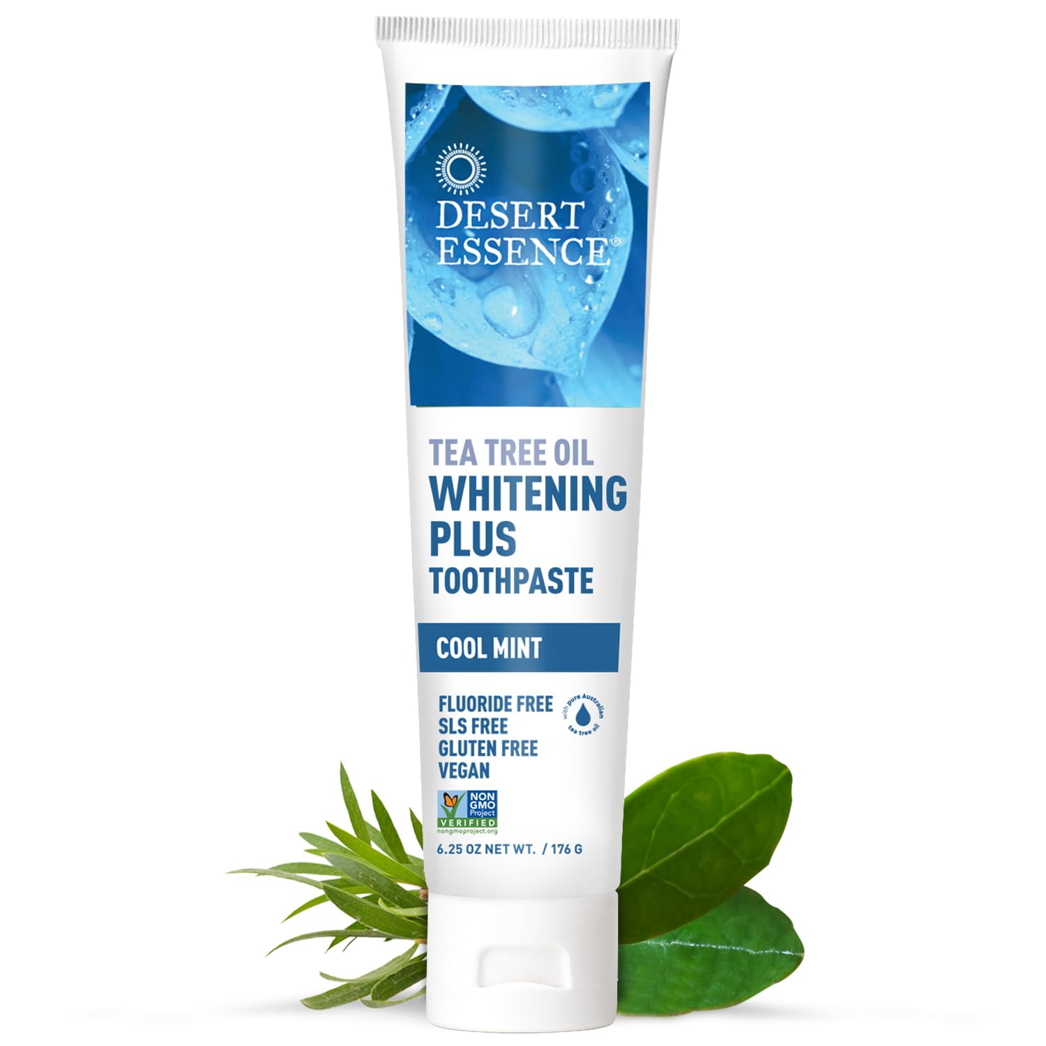 Desert Essence Tea Tree Oil Whitening Toothpaste in a 6.25oz tube, natural toothpaste with tea tree oil for fresh breath and oral care.