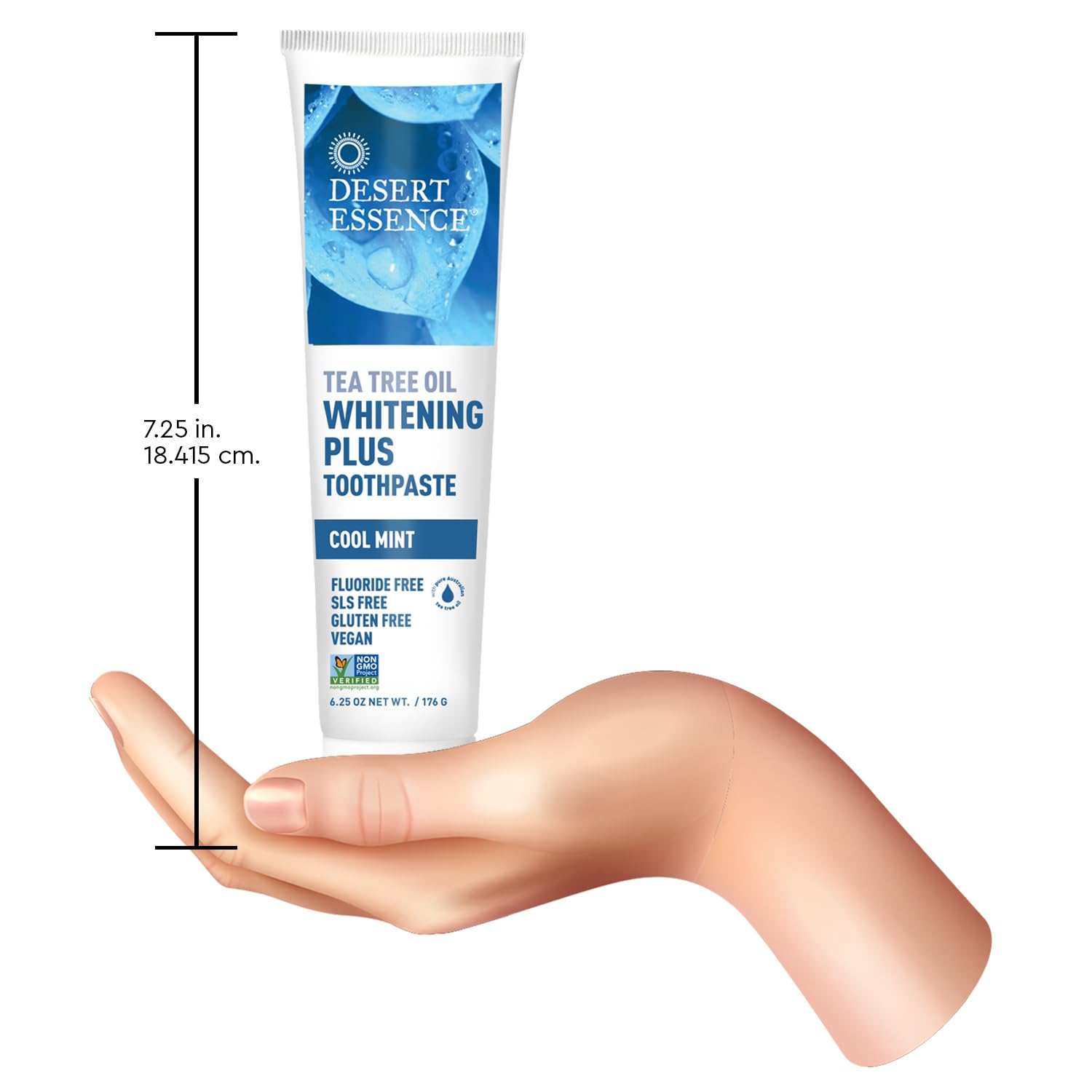 Desert Essence Tea Tree Oil Whitening Toothpaste in 6.25oz tube, natural toothpaste with tea tree oil for fresh breath and oral care.
