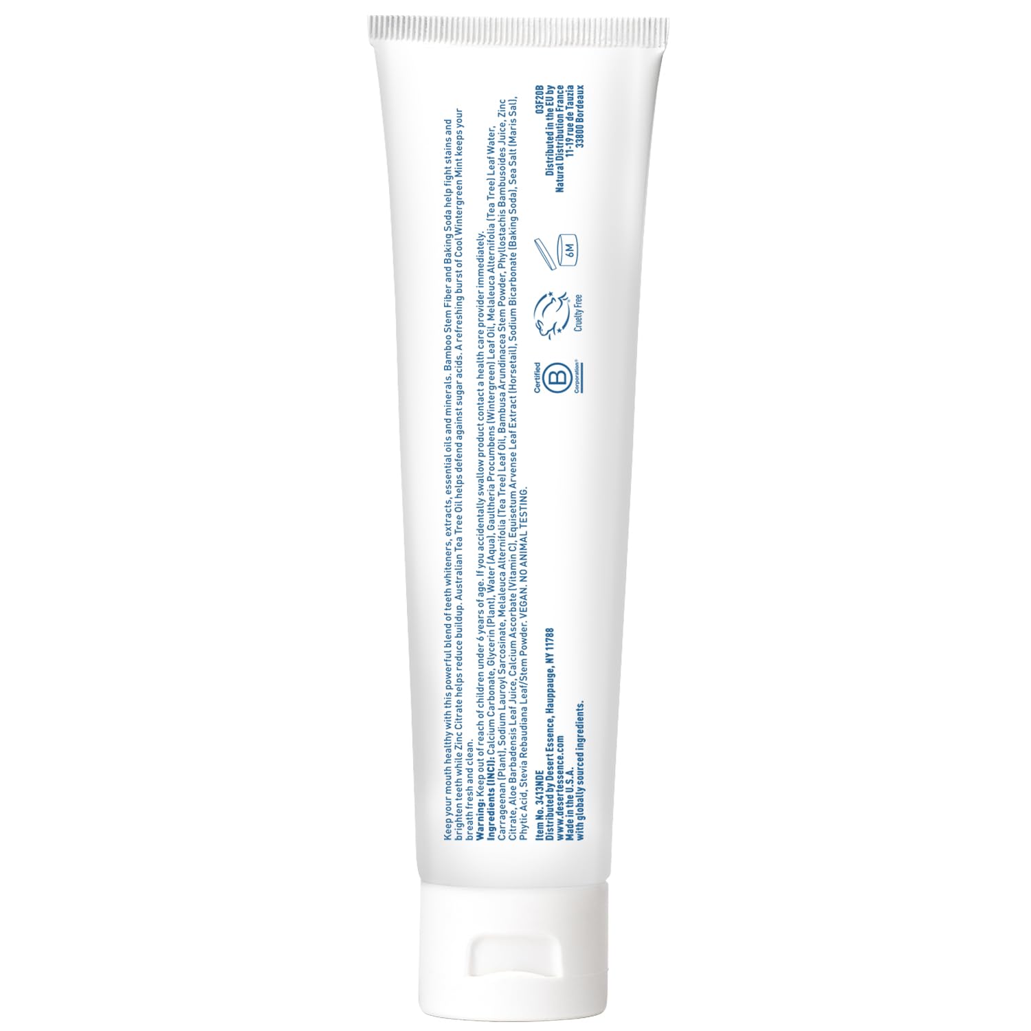 Desert Essence Tea Tree Oil Whitening Toothpaste in a 6.25oz tube, featuring natural tea tree ingredients for fresh breath and oral care.