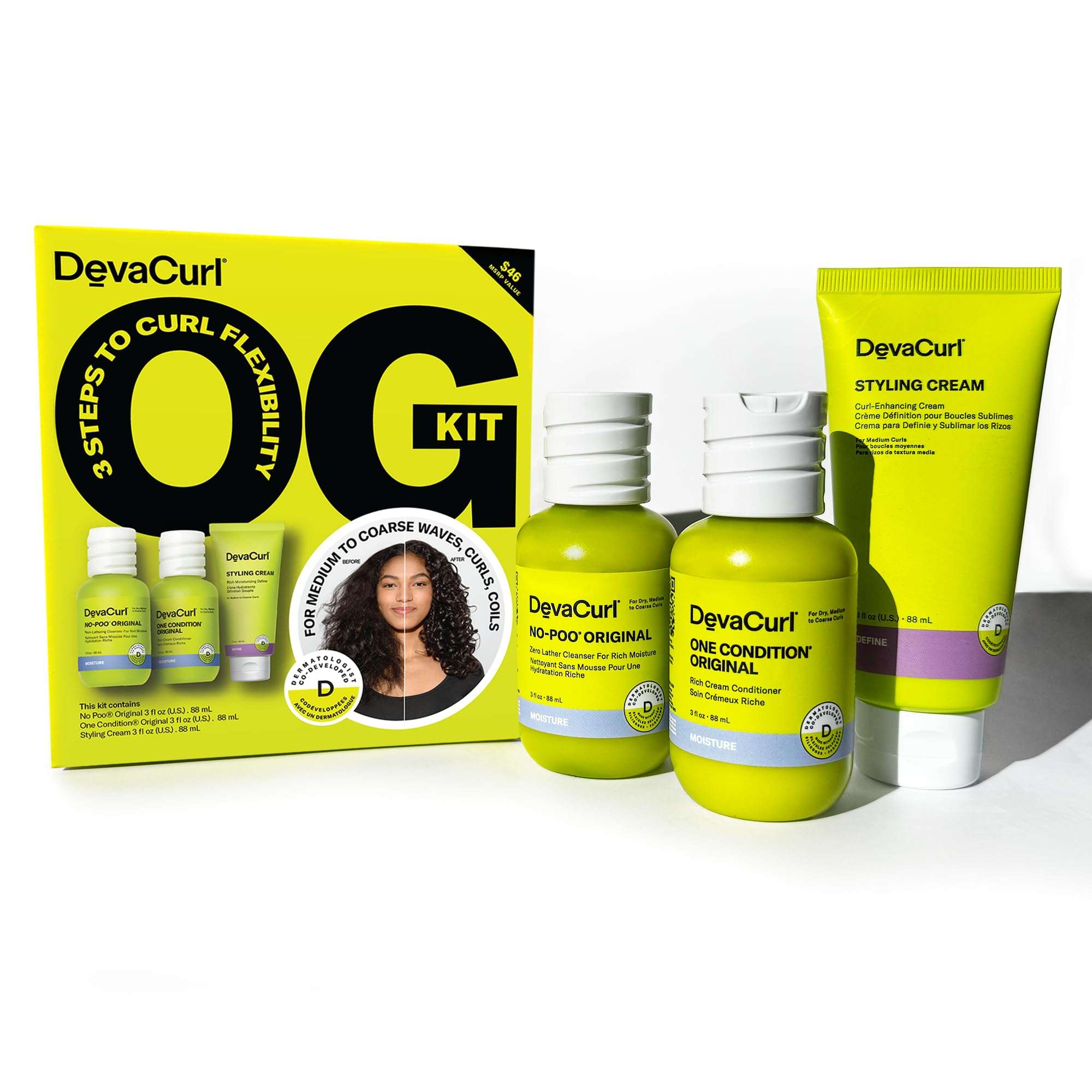 DevaCurl OG Kit travel set with hair cleaner and conditioner for curly hair, featuring original curl routine products.