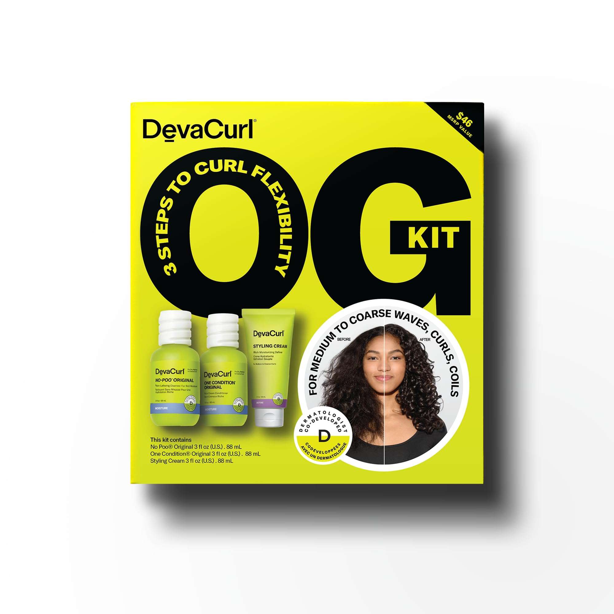 DevaCurl OG Kit hair cleaner and conditioner set for curl care, displayed in travel-sized bottles for the original curl routine.