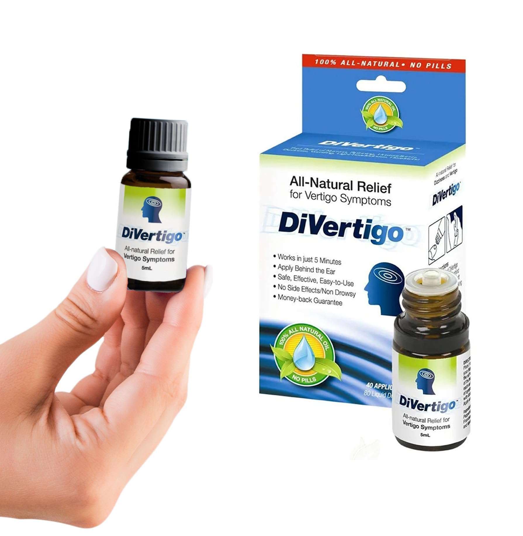 DiVertigo Natural Vertigo Relief Drops in a 5ml bottle, medication for vertigo relief with clear dropper cap.