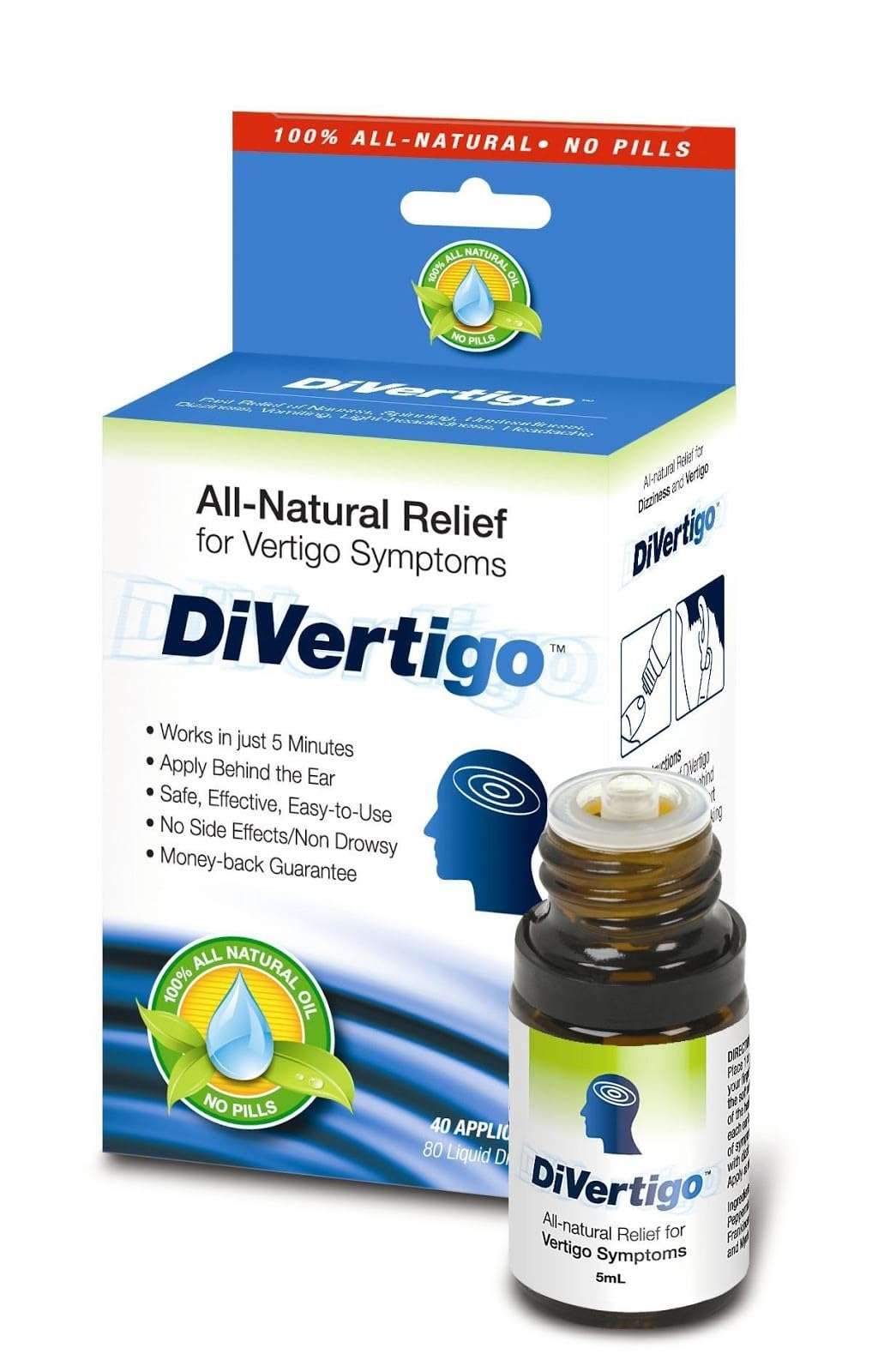 DiVertigo Natural Vertigo Relief Drops 5ml bottle, medication for vertigo symptoms, with clear dropper cap and label.
