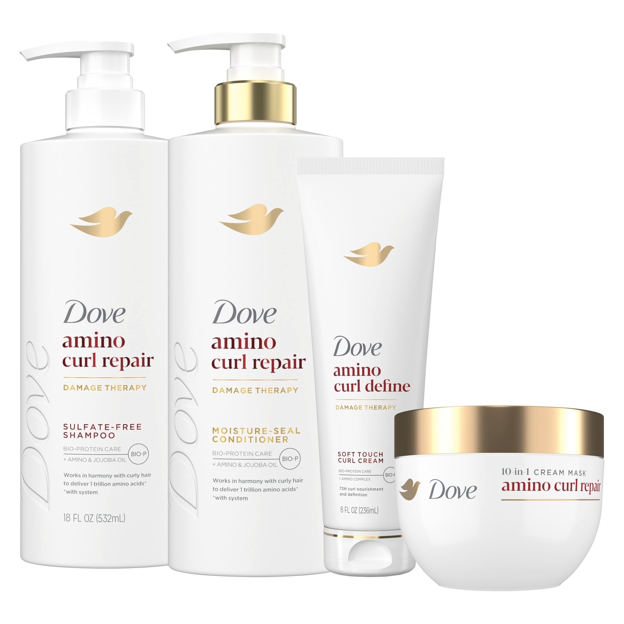 Dove Amino Curl Regimen 4-Pack for curly and coily hair, featuring hair care products in a natural setting.