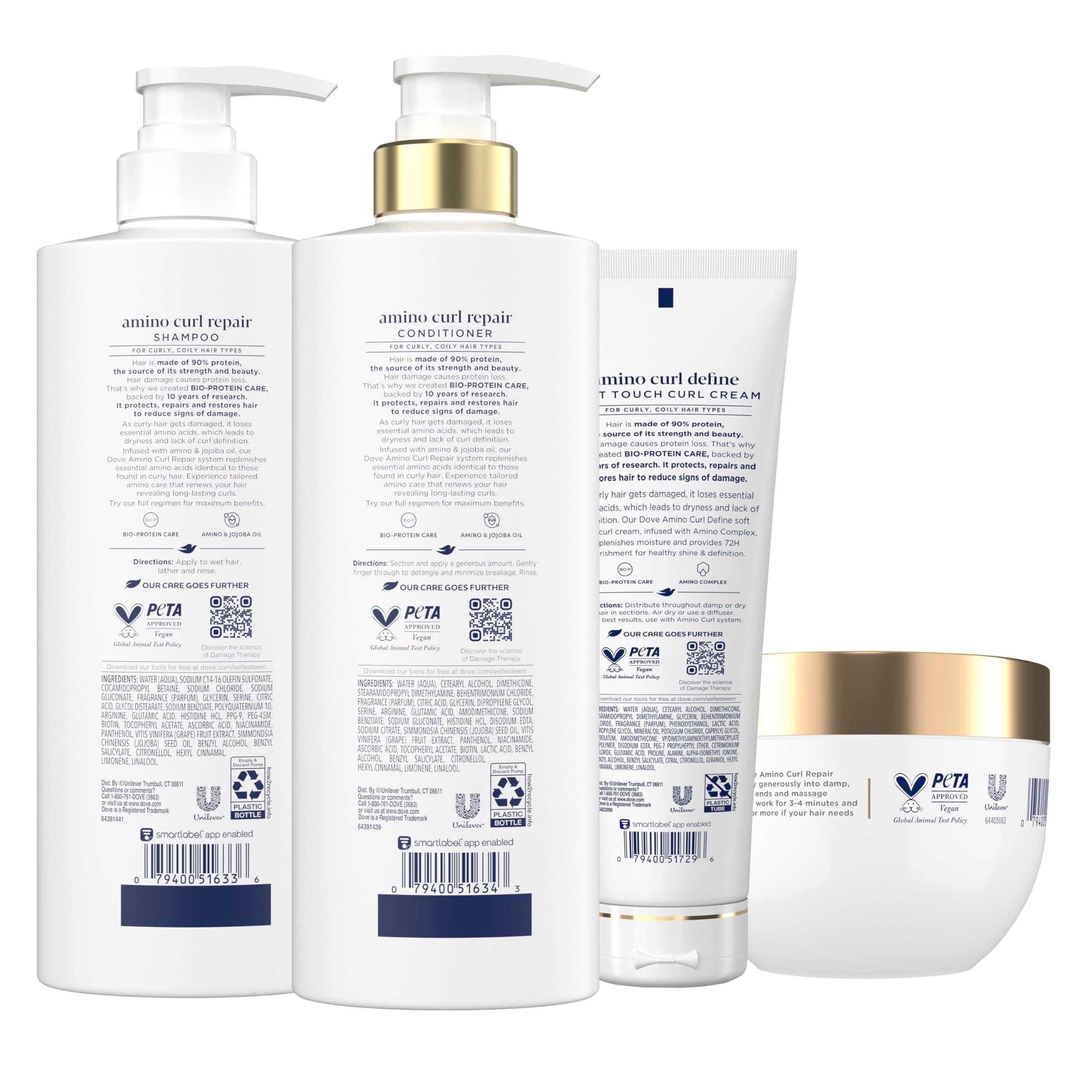 Dove Amino Curl Regimen 4-pack for curly and coily hair, featuring hair care products with nourishing ingredients.