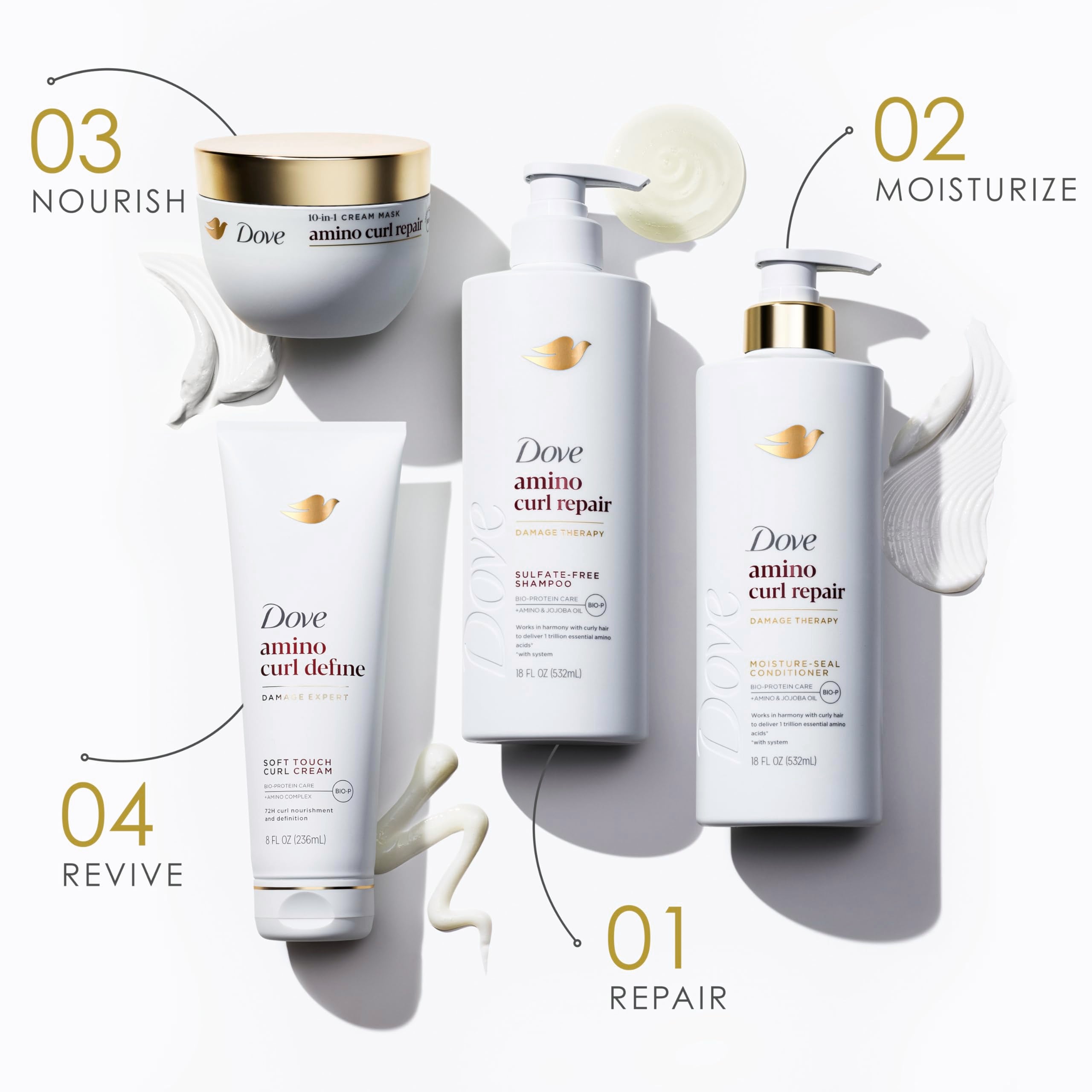 Dove Amino Curl Regimen 4-pack for curly and coily hair, featuring shampoo, conditioner, and styling products, designed for natural curls.