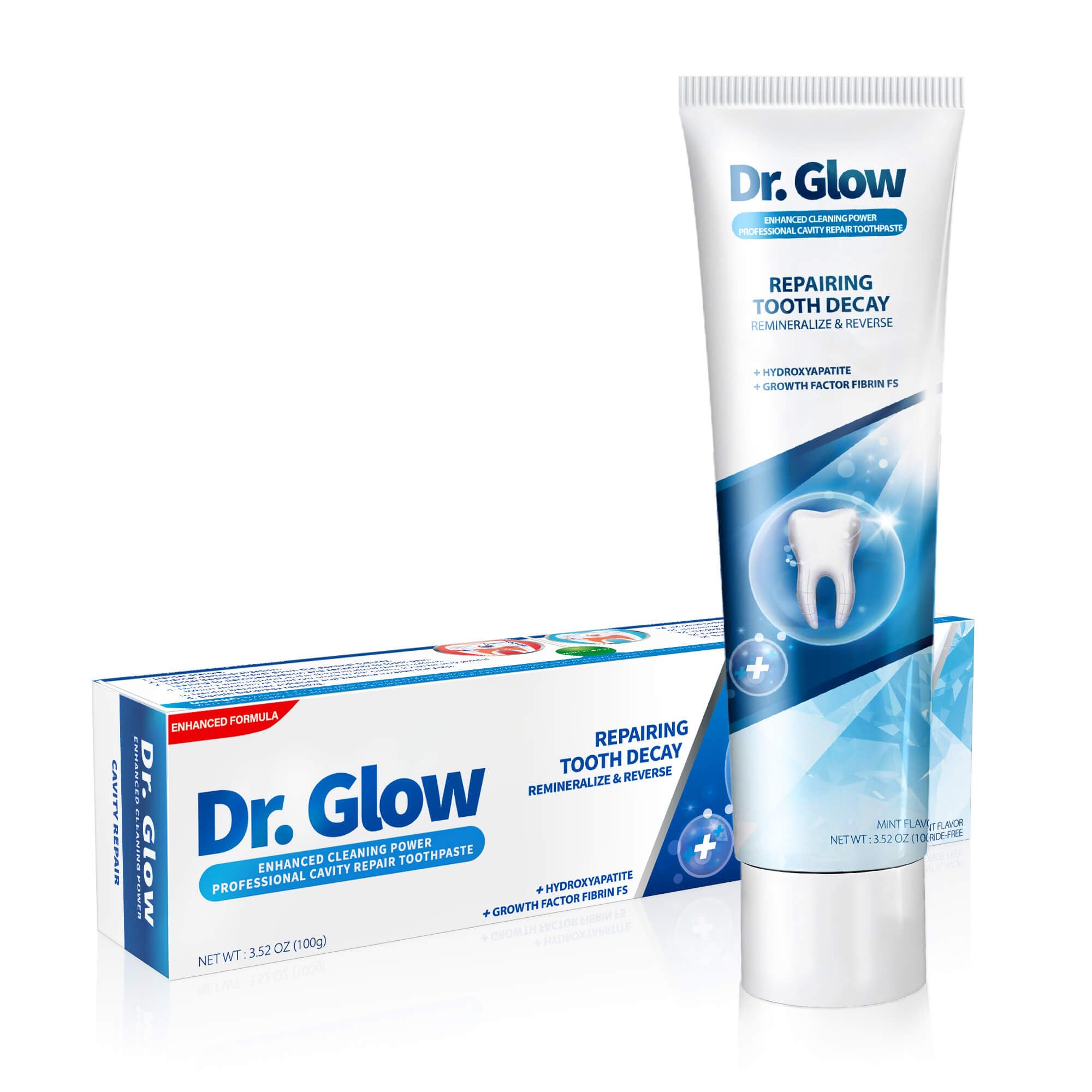 Dr. Glow Cavity Repair Hydroxyapatite Toothpaste tube with white and blue packaging, designed for cavity repair and oral health.