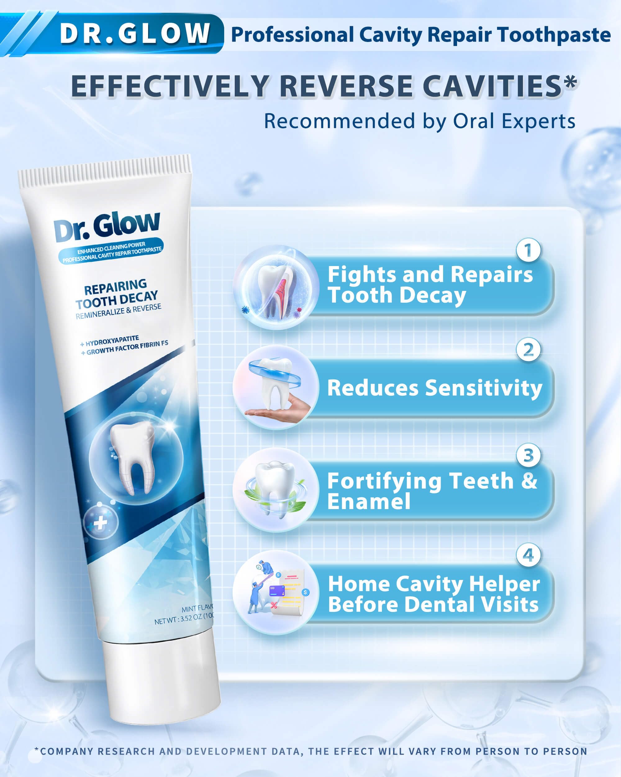 Dr. Glow Cavity Repair Hydroxyapatite Toothpaste tube showing the packaging and branding.