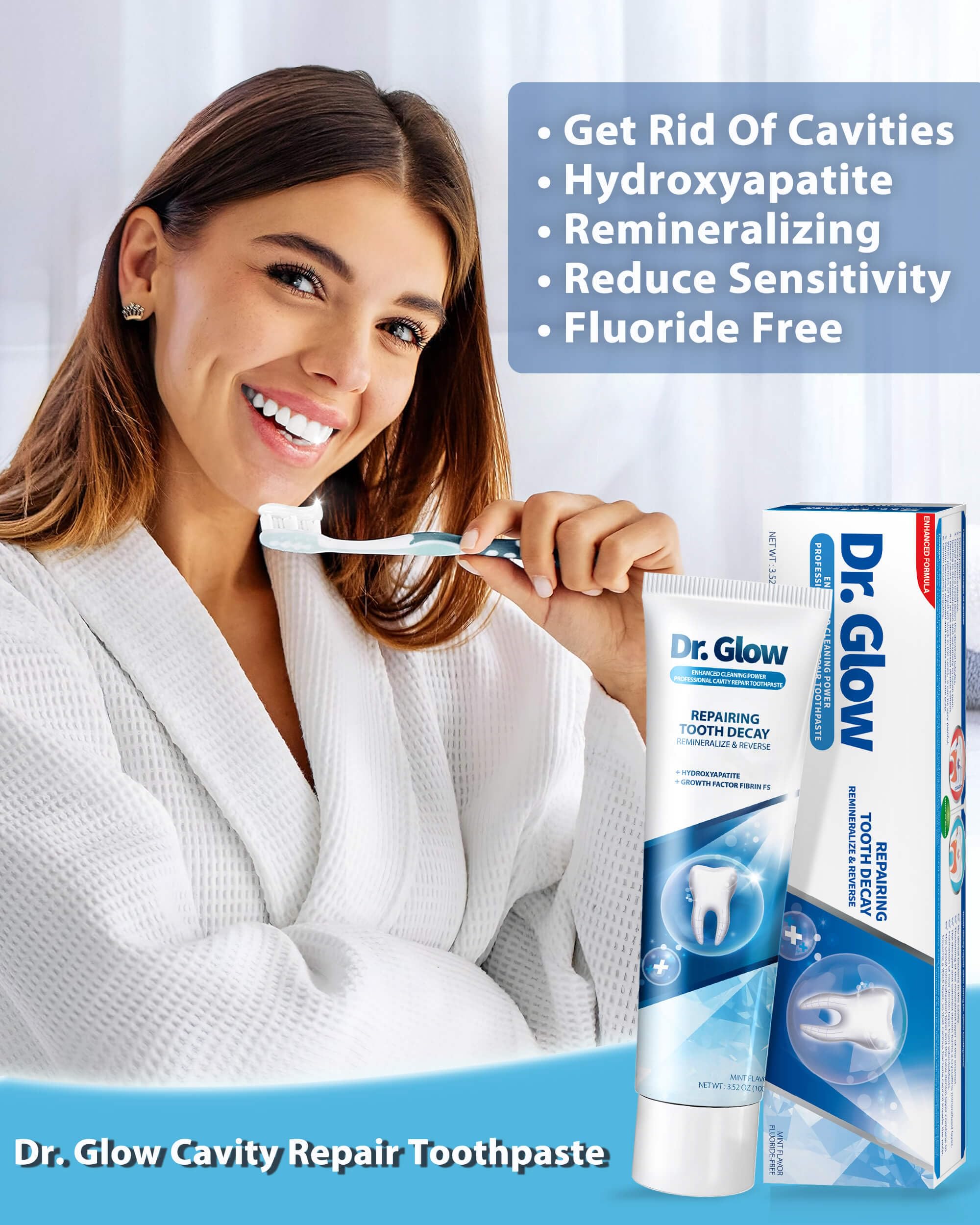 Dr. Glow Cavity Repair Hydroxyapatite Toothpaste tube, showing the brand logo and product label on a white background.