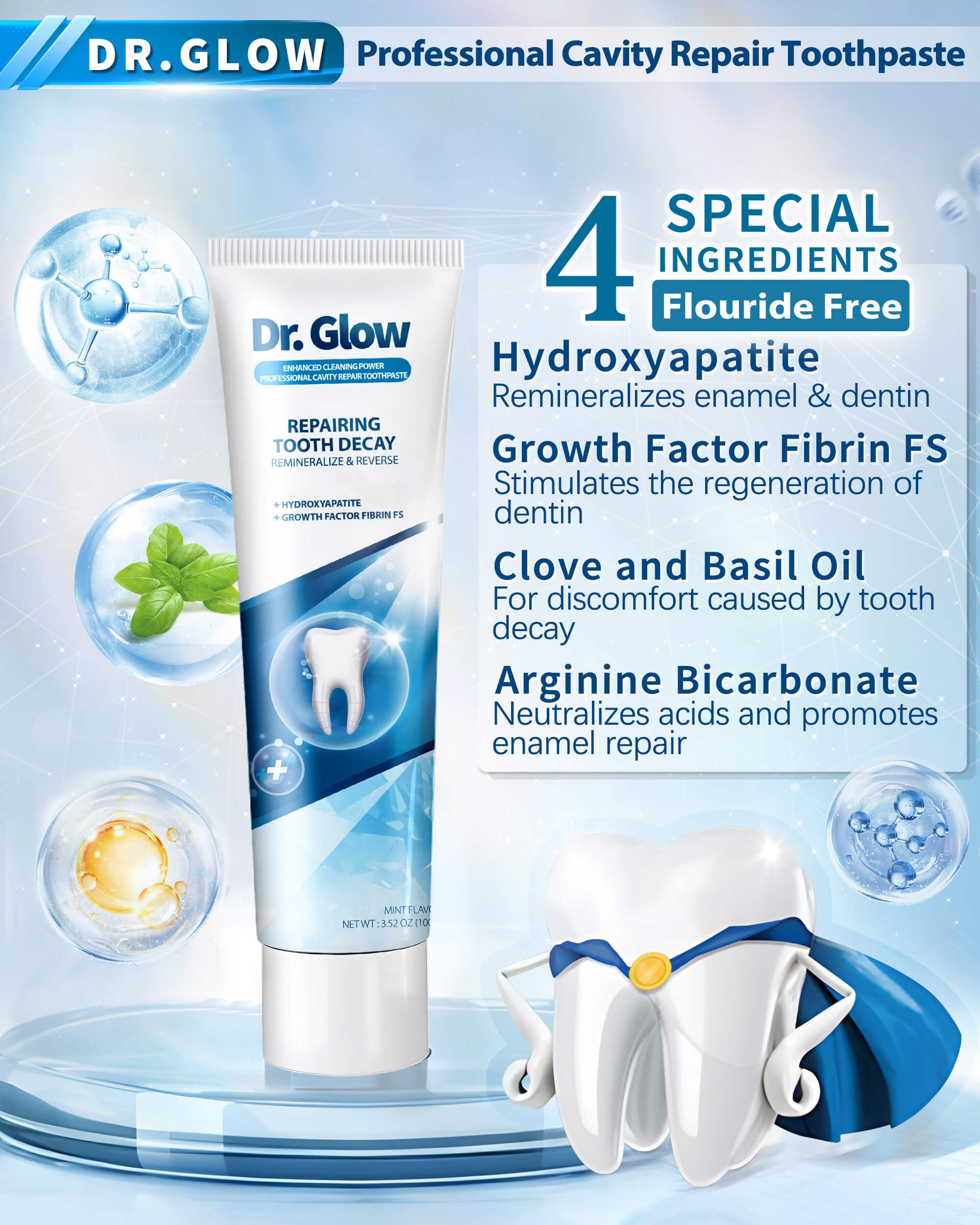 Dr. Glow Cavity Repair Hydroxyapatite Toothpaste tube showing the label and packaging for cavity repair and enamel strengthening.