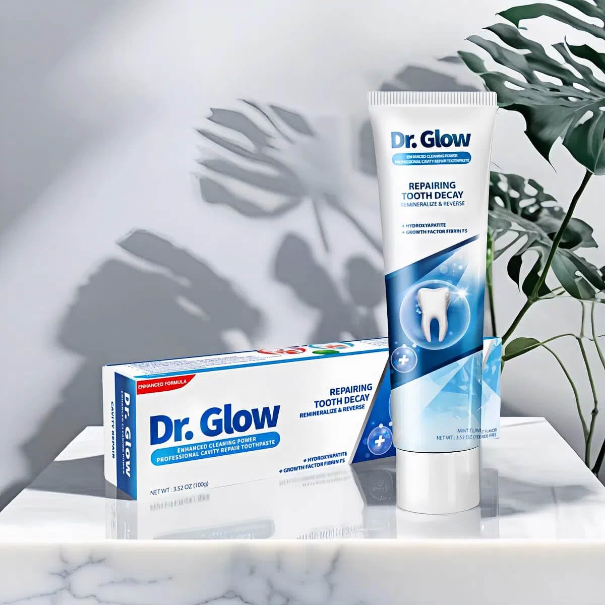 Dr. Glow Cavity Repair Hydroxyapatite Toothpaste tube showing the branding and packaging design.