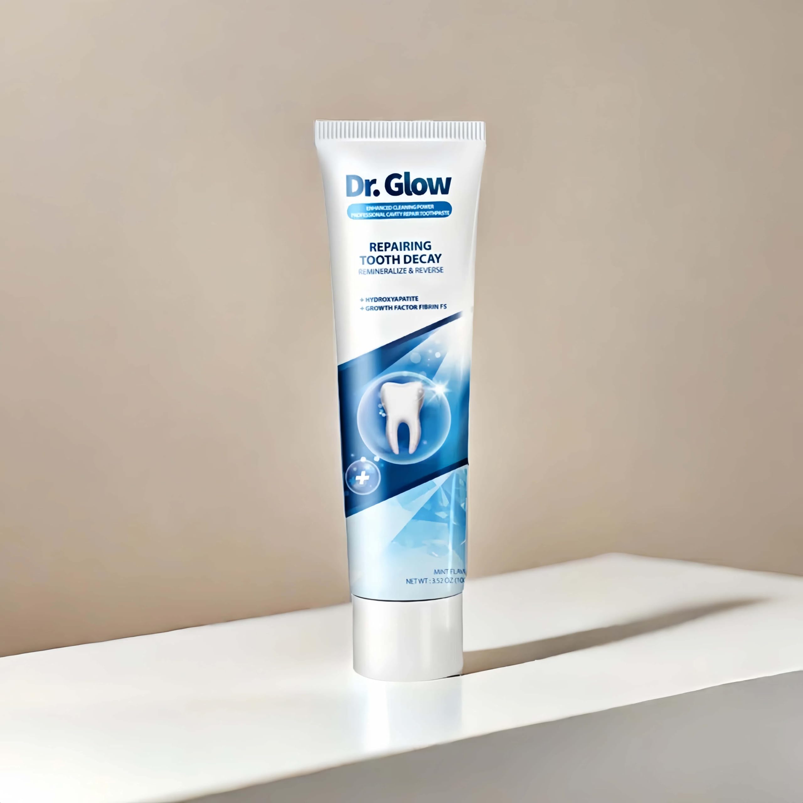 Dr. Glow Cavity Repair Hydroxyapatite Toothpaste in a white tube with blue accents, designed for dental cavity repair and enamel protection.
