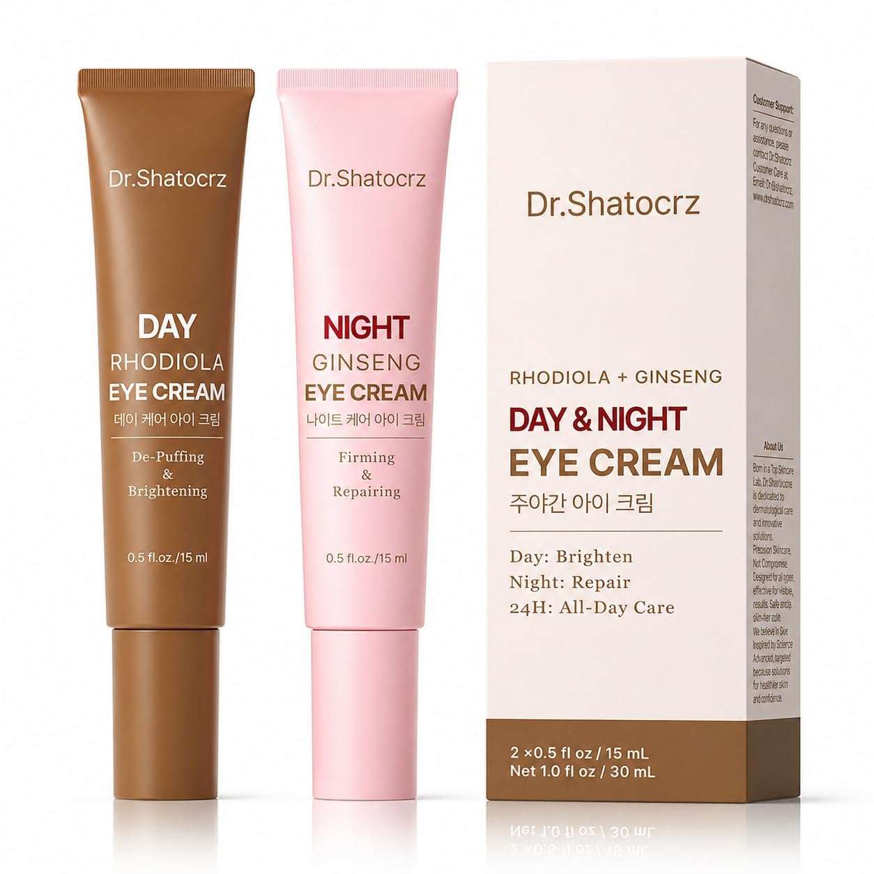 Dr. Shatocrz Day & Night Eye Cream Set with Retinol, featuring two moisturizer jars for eye skin care.