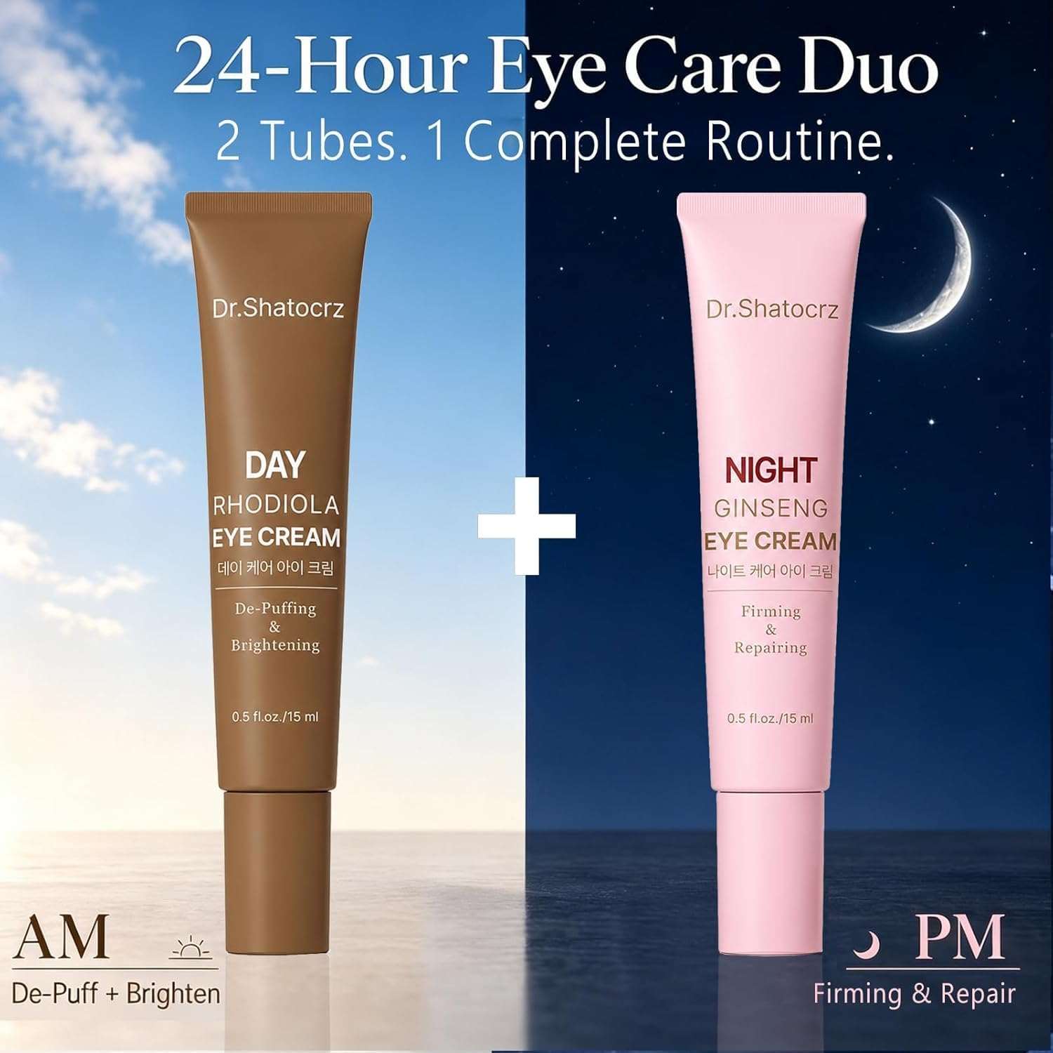 Dr. Shatocrz Day & Night Eye Cream Set with Retinol, featuring two skincare moisturizer tubes for eye area hydration and rejuvenation.