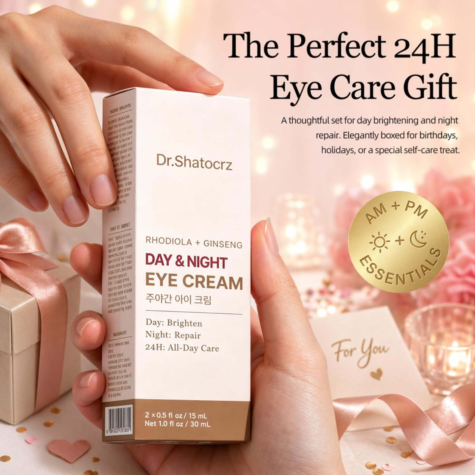 Dr. Shatocrz Day & Night Eye Cream Set with Retinol, featuring two moisturizing eye creams in white and gold packaging.