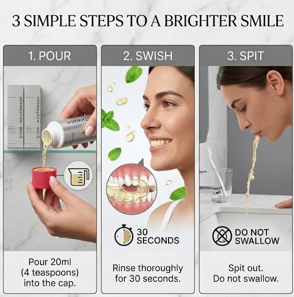 DTMIEAXN alcohol-free stain-removing mouthwash in a 2-pack, showing bottles with clear liquid and label details.