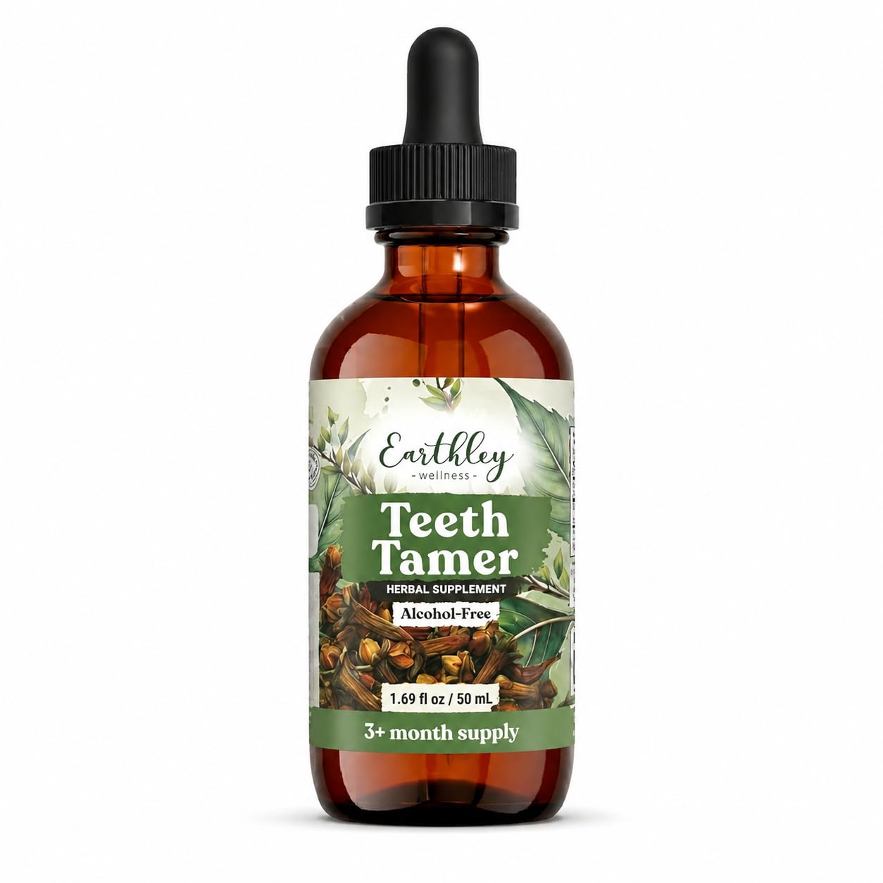 Earthley Wellness Teeth Tamer herbal supplement for teething relief, showing organic ingredients in a natural setting.