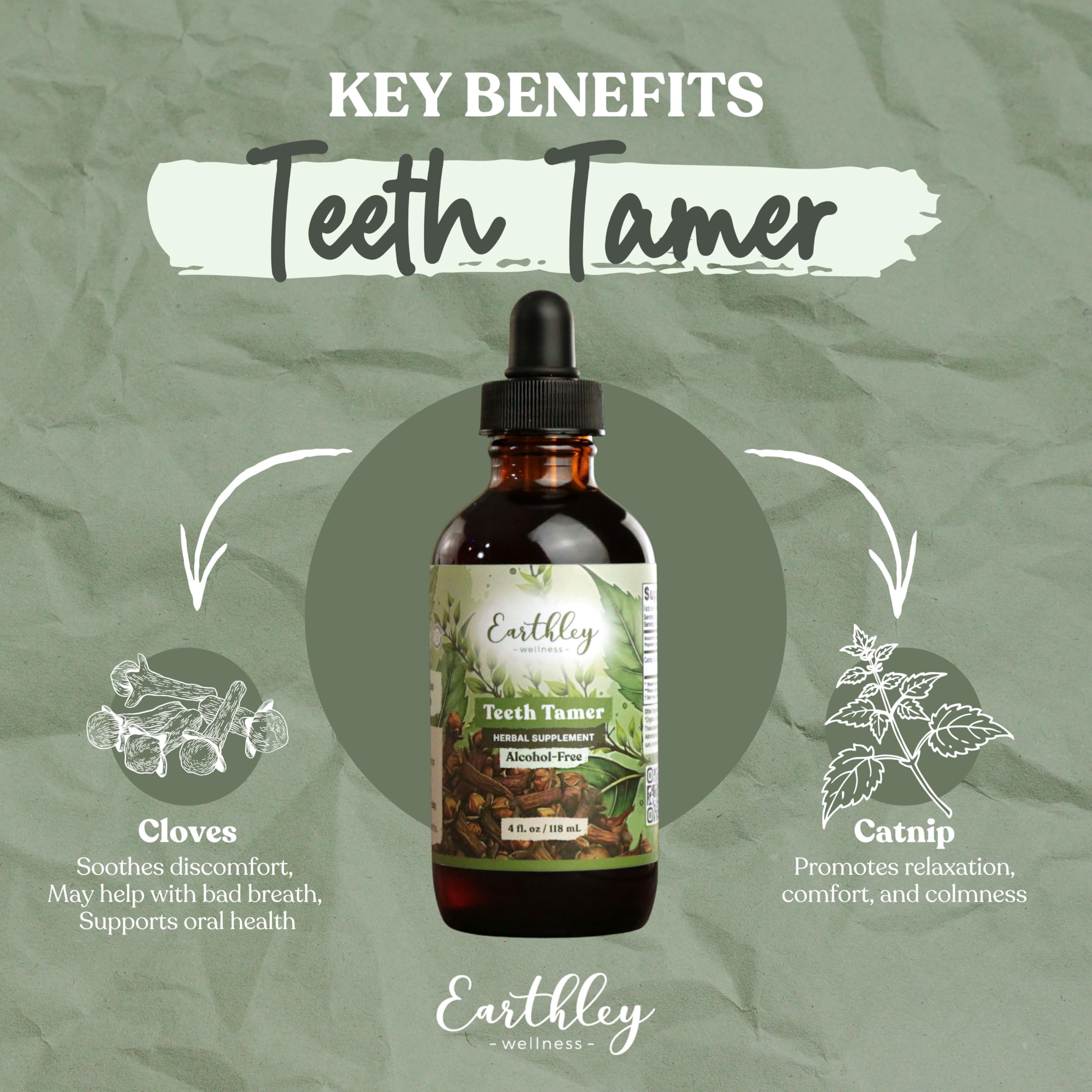 Earthley Wellness Teeth Tamer organic herbal supplement for teething relief, showing a bottle with herbal ingredients and labels.