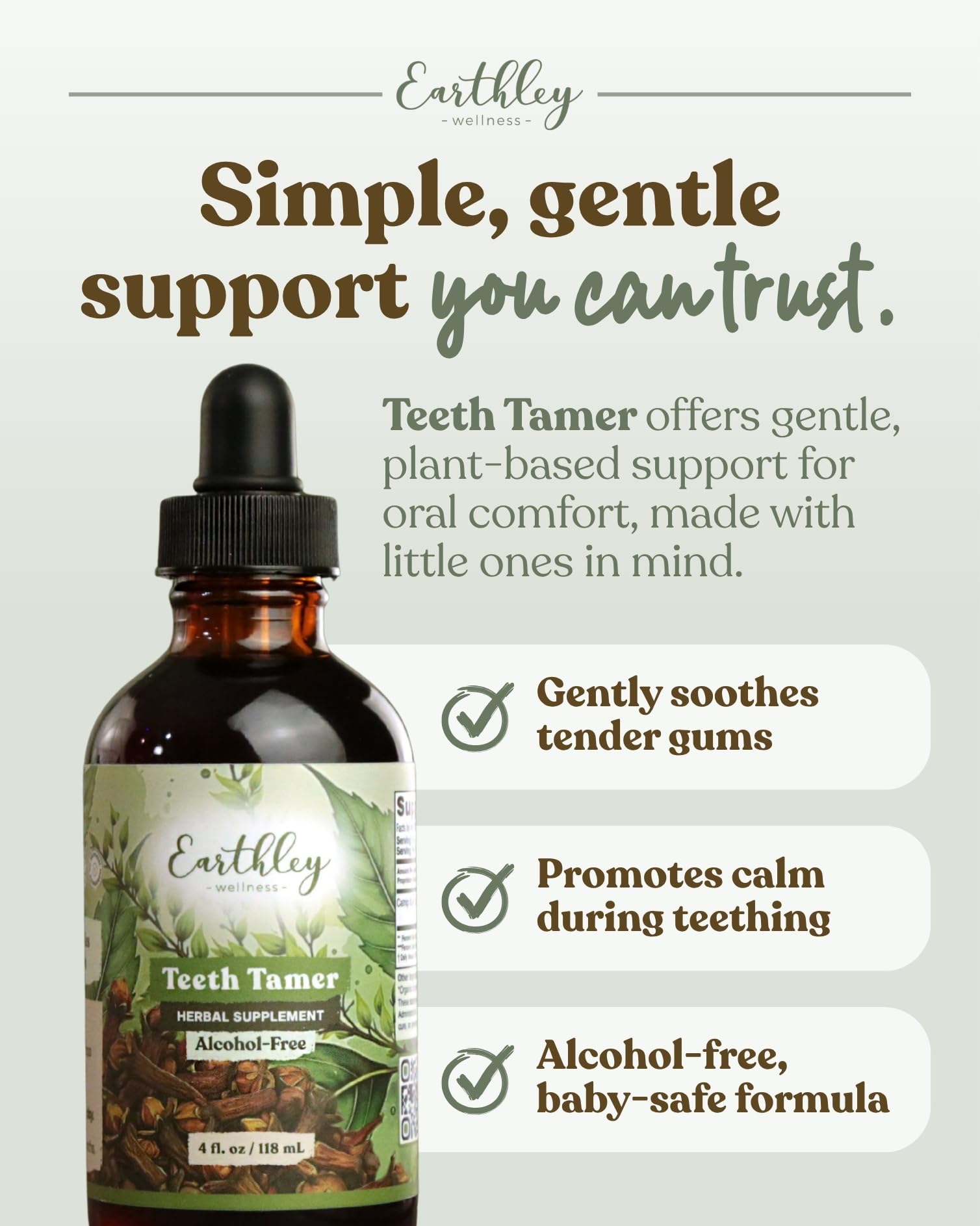 Earthley Wellness Teeth Tamer organic herbal supplement for teething relief, showing the product bottle and packaging.