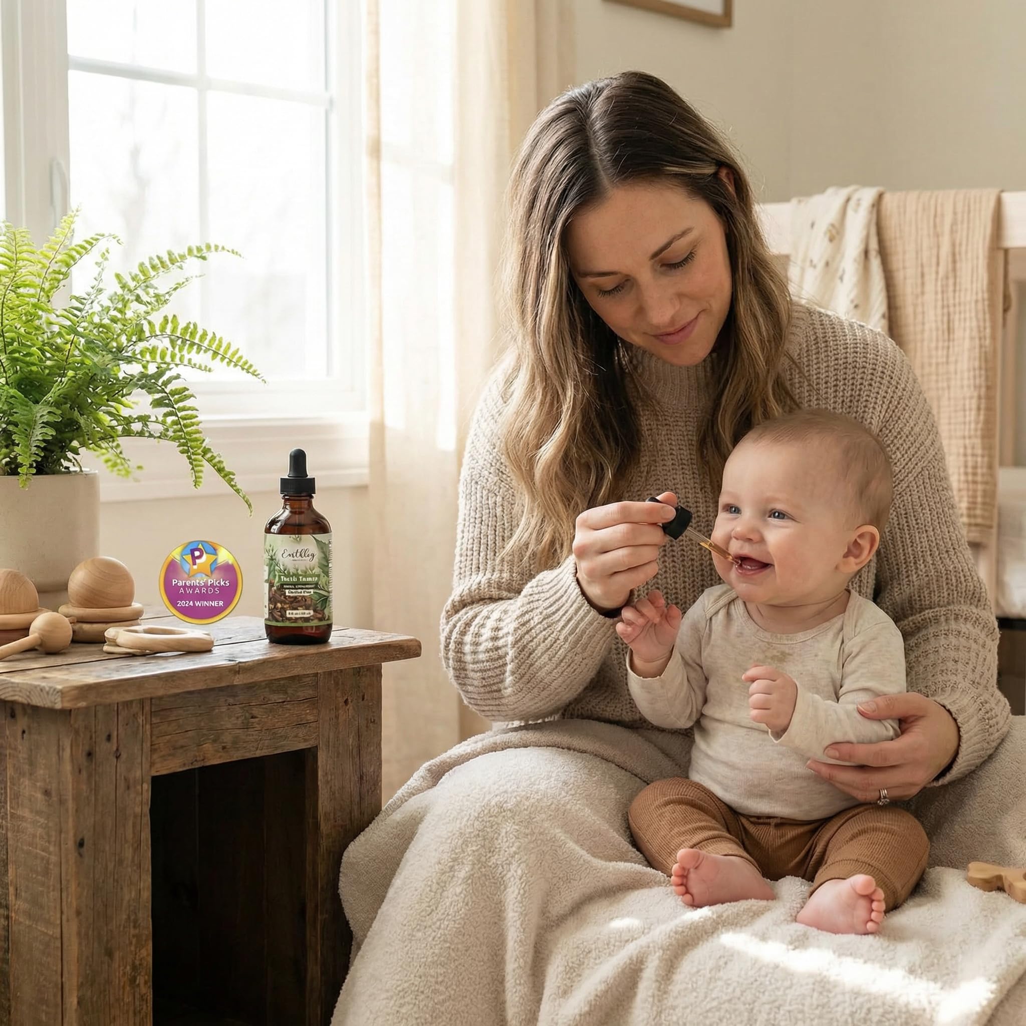 Earthley Wellness Teeth Tamer organic herbal supplement for teething relief, showing the product packaging with herbal ingredients.