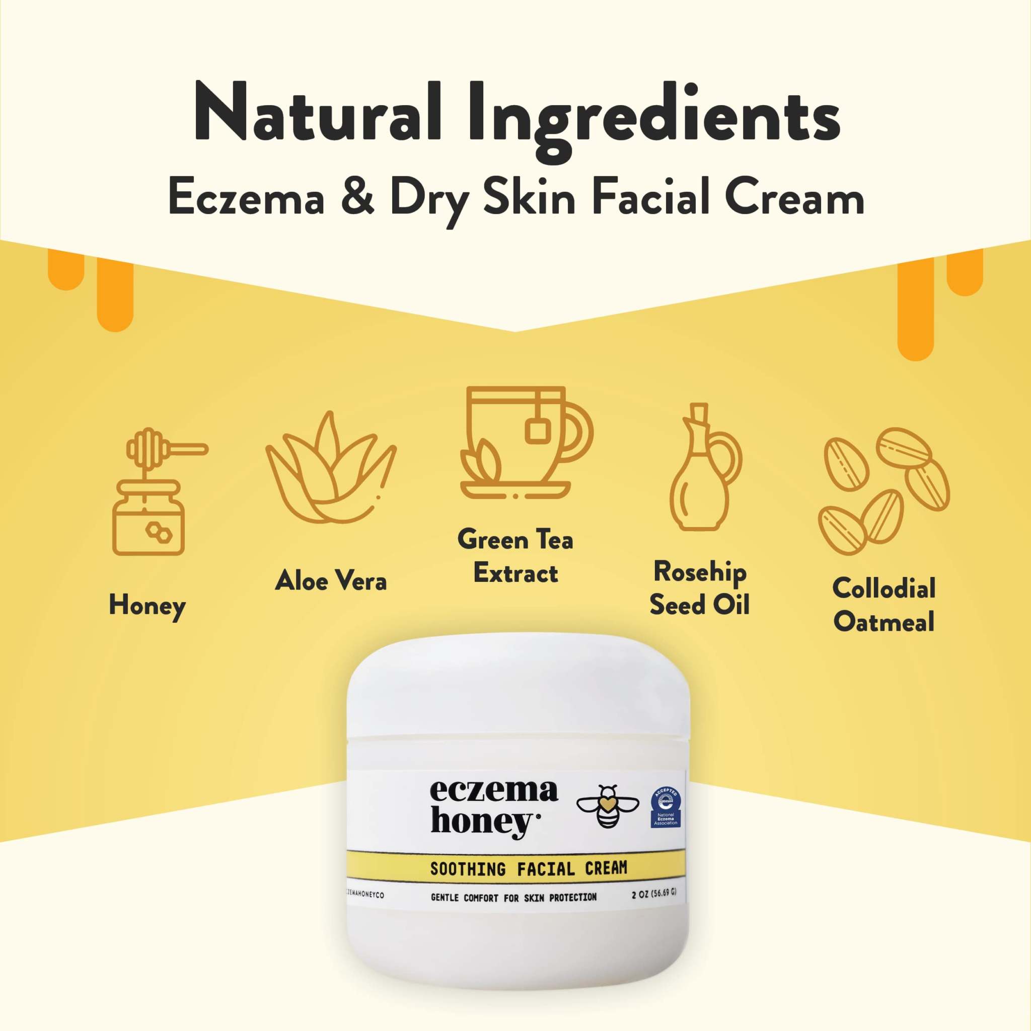 Eczema Honey Soothing Facial Cream for dry skin, natural moisturizer in 2 oz jar, gentle skin repair by Eczema Honey.