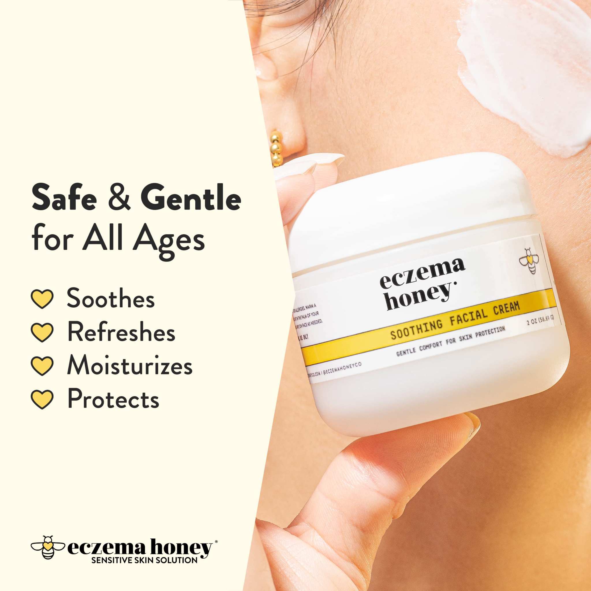 ECZEMA HONEY Soothing Facial Cream for dry skin, natural moisturizer by ECZEMA HONEY, 2 oz jar with cream inside.