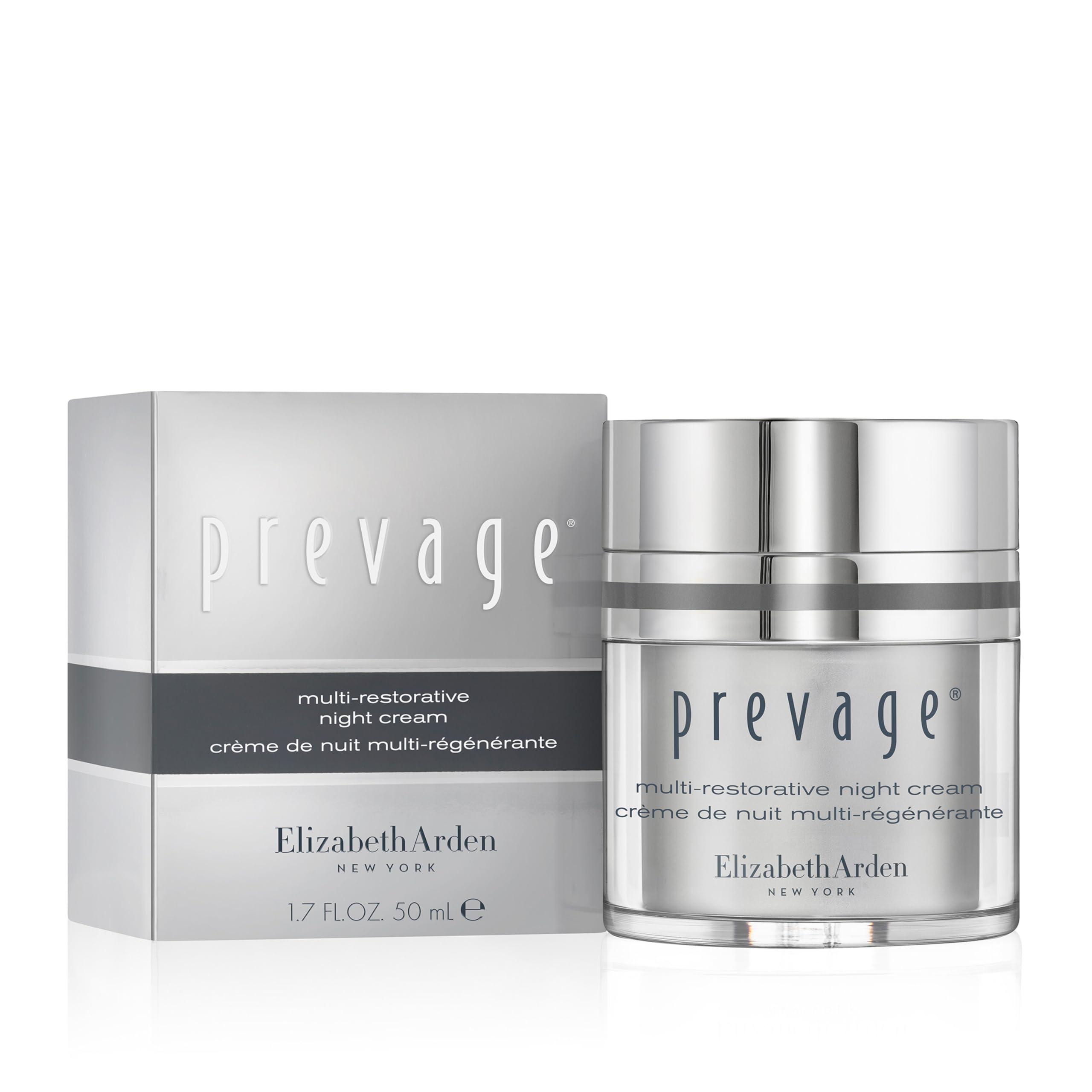 Elizabeth Arden PREVAGE Night Cream skin moisturizer with Idebenone, 1.7oz jar showing smooth cream inside a sleek container.