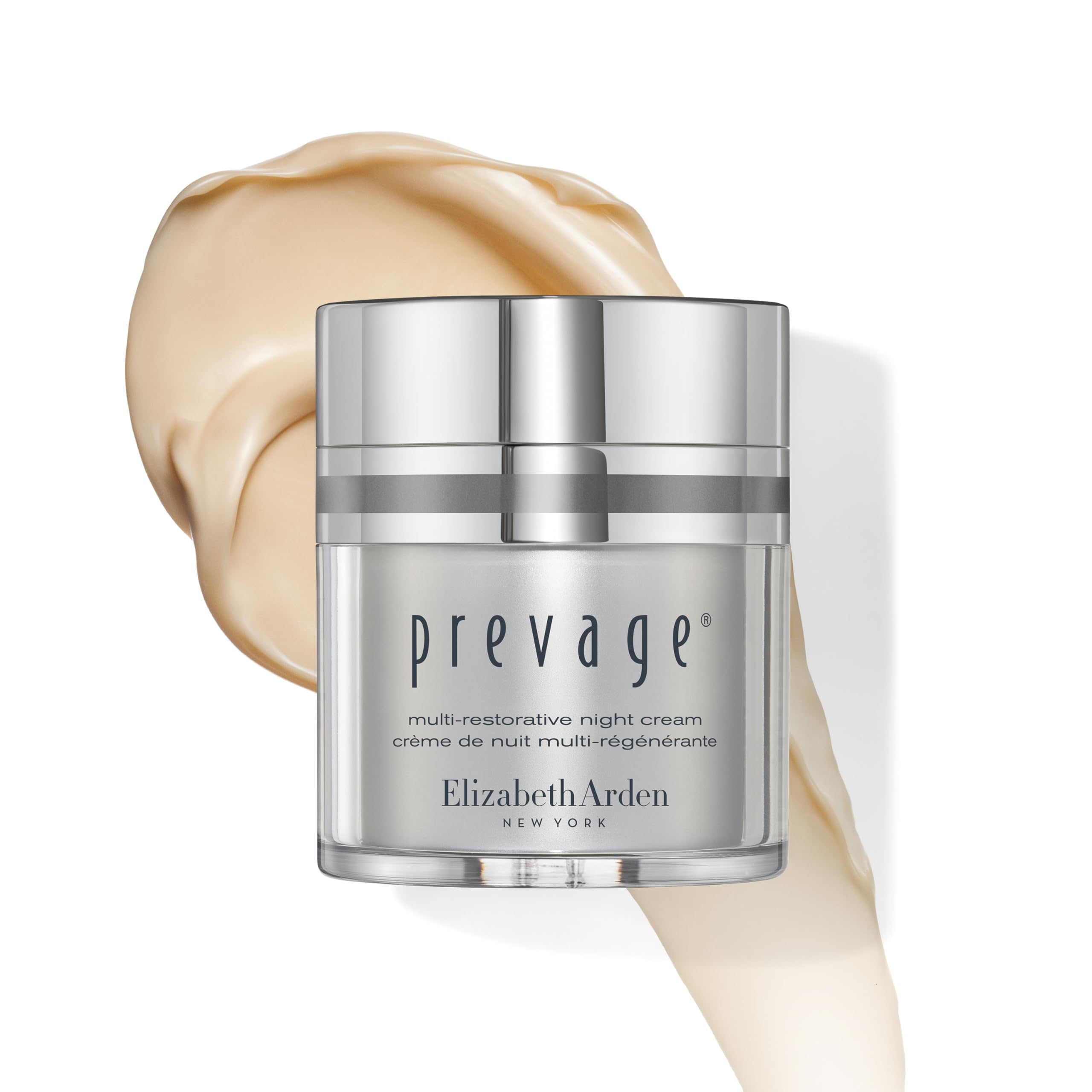 Elizabeth Arden PREVAGE Night Cream with Idebenone, a 1.7oz skin moisturizer, in a jar with a silver lid and smooth texture
