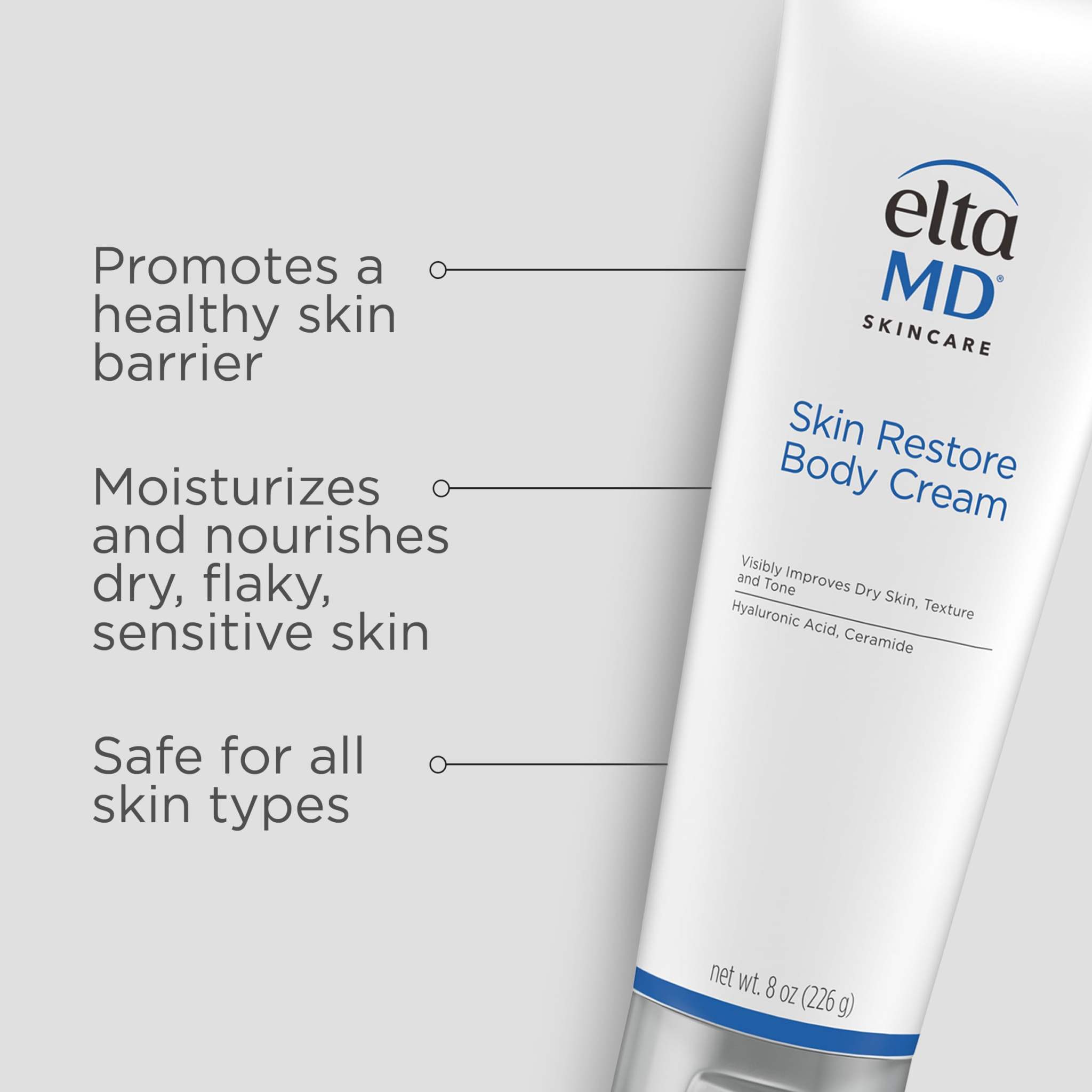 EltaMD Skin Restore Body Cream with hyaluronic acid in 8oz jar, moisturizing and nourishing for dry skin.