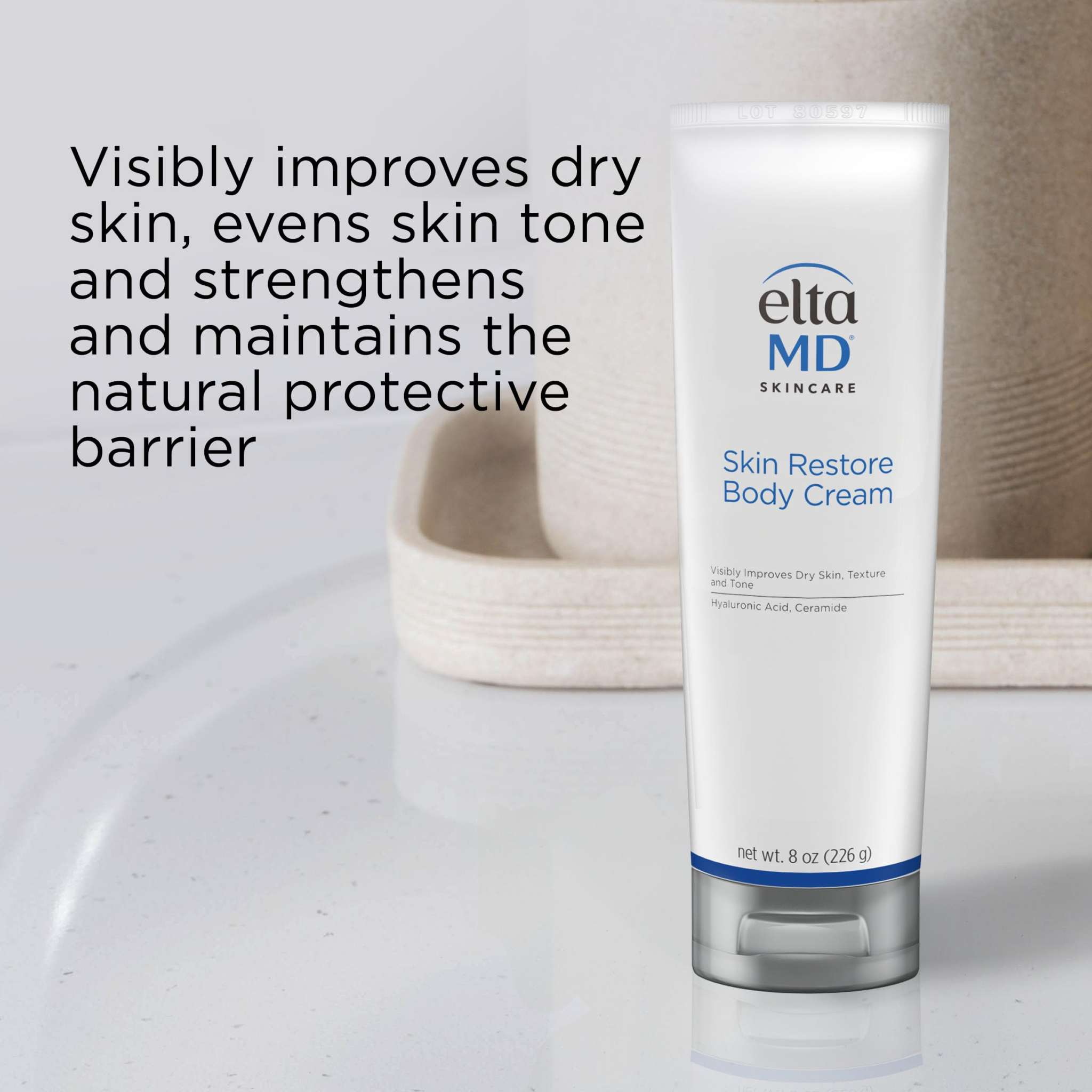 EltaMD Skin Restore Body Cream with hyaluronic acid, 8oz, moisturizing and nourishing body lotion with a rich, creamy texture.