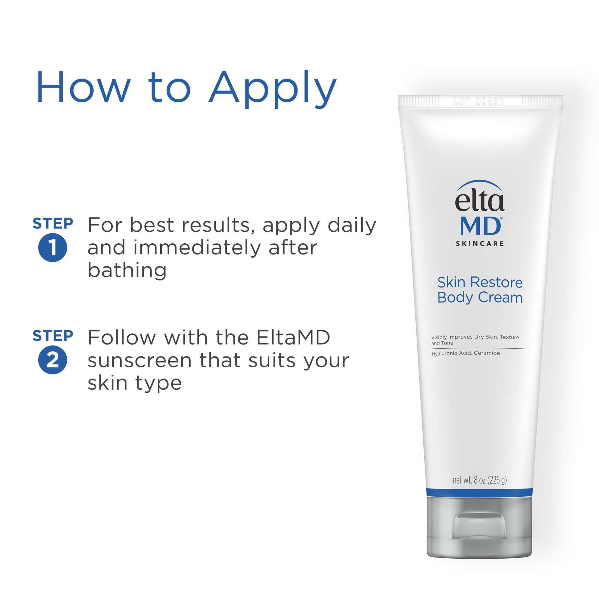 EltaMD Skin Restore Body Cream with hyaluronic acid in 8oz jar, moisturizing and nourishing skin.