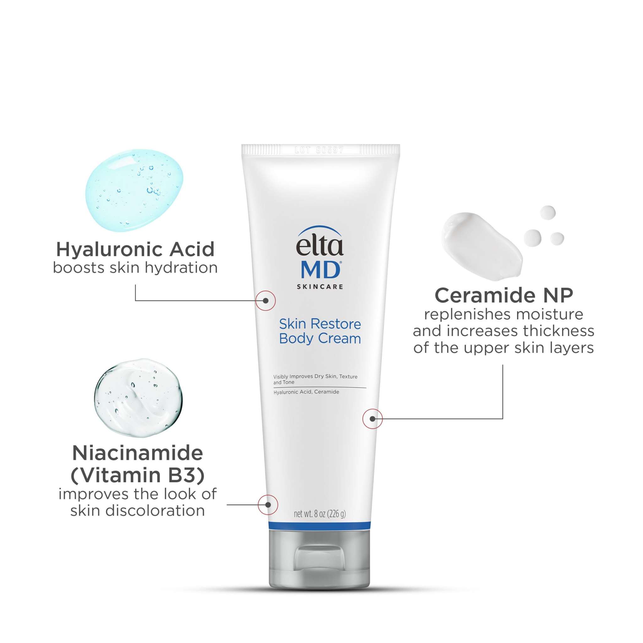 EltaMD Skin Restore Body Cream with hyaluronic acid in an 8oz jar, moisturizing and nourishing for smooth, hydrated skin.