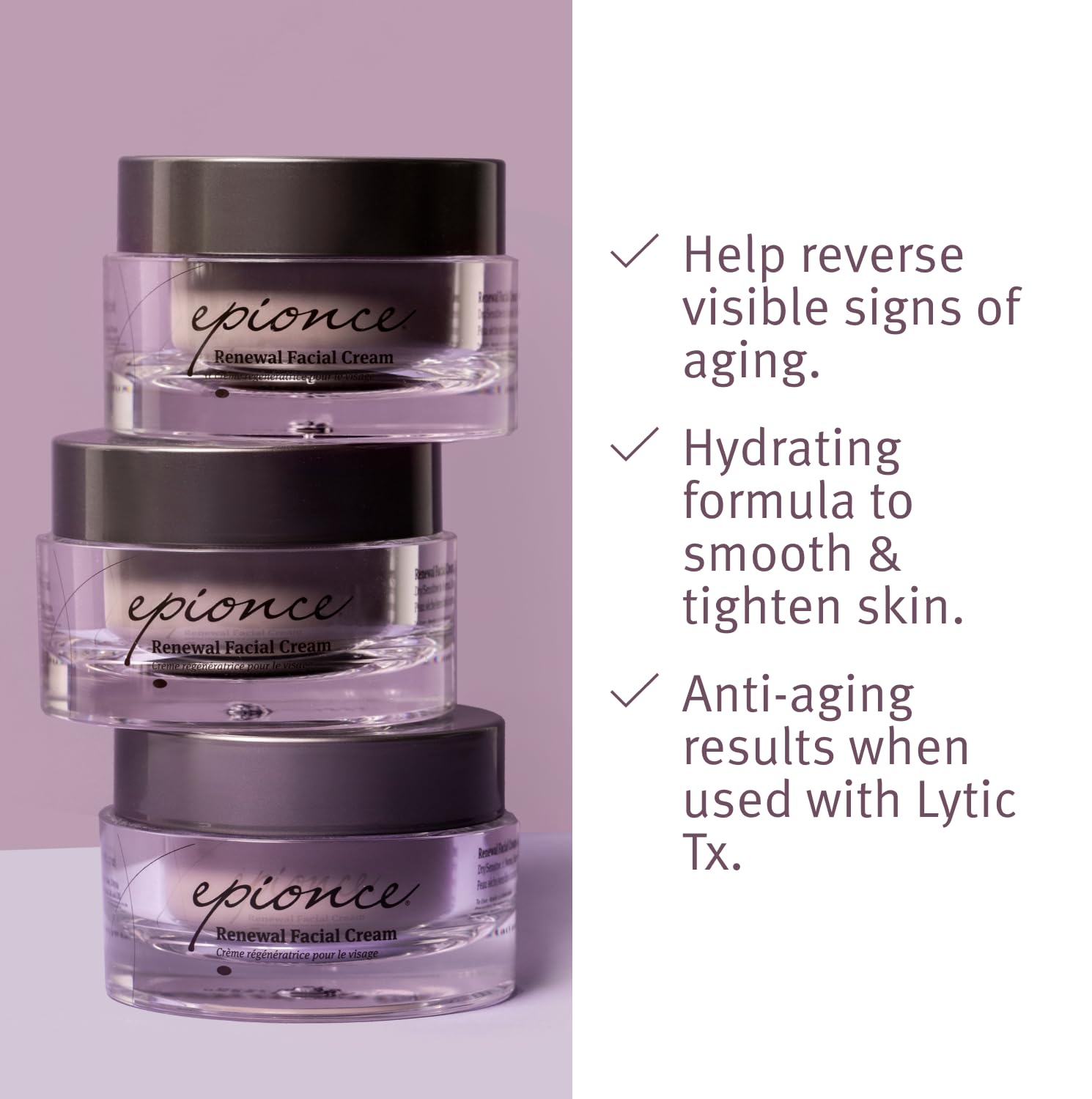 Epionce Renewal Facial Cream, an anti-aging skin moisturizer with barrier-boosting properties, shown in a jar with a white lid.