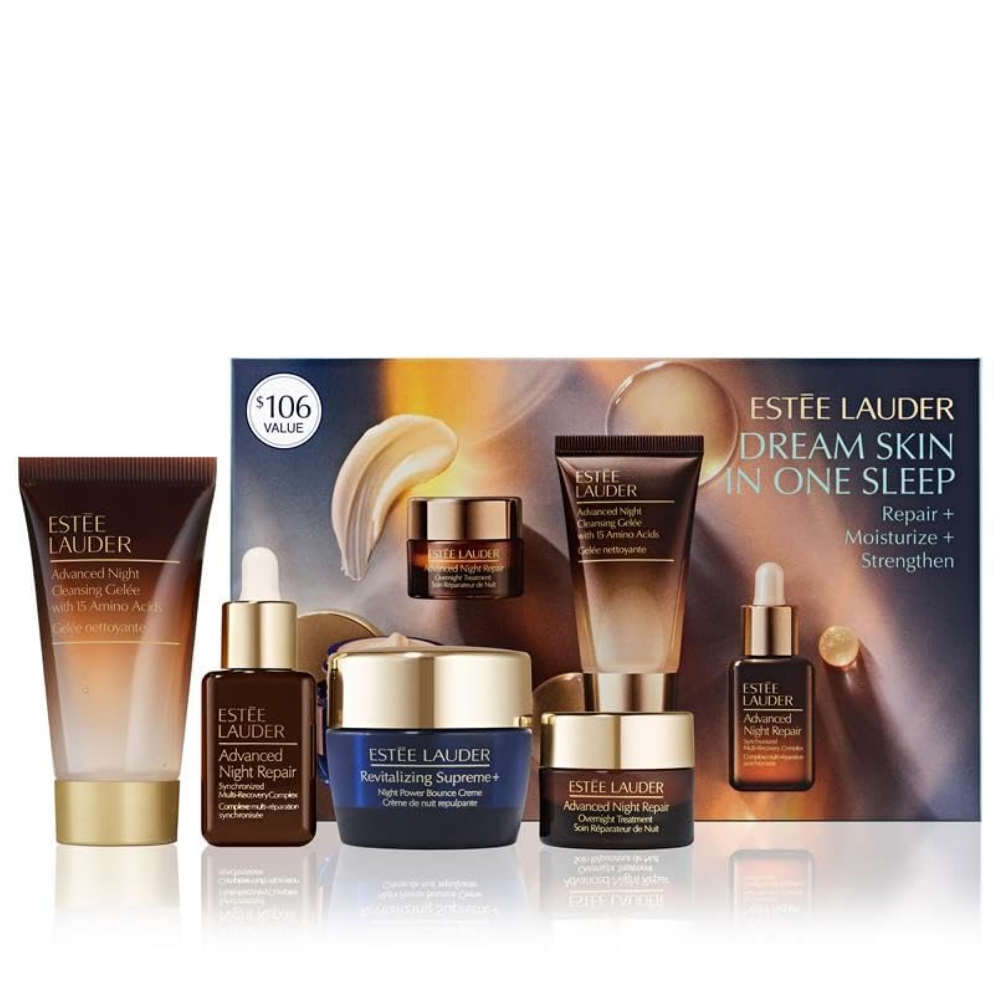 Estée Lauder Dream Skin 4-piece night skincare set with creams, serums, and treatments on display.