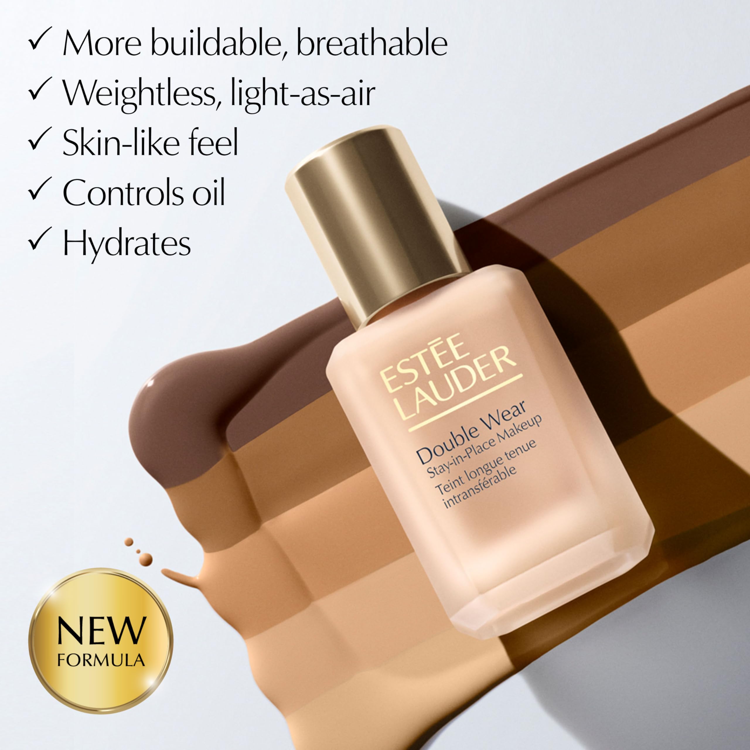 Estée Lauder Double Wear Foundation in shade 2N2 Buff, 1 oz, showing the sleek foundation bottle with a pump dispenser.